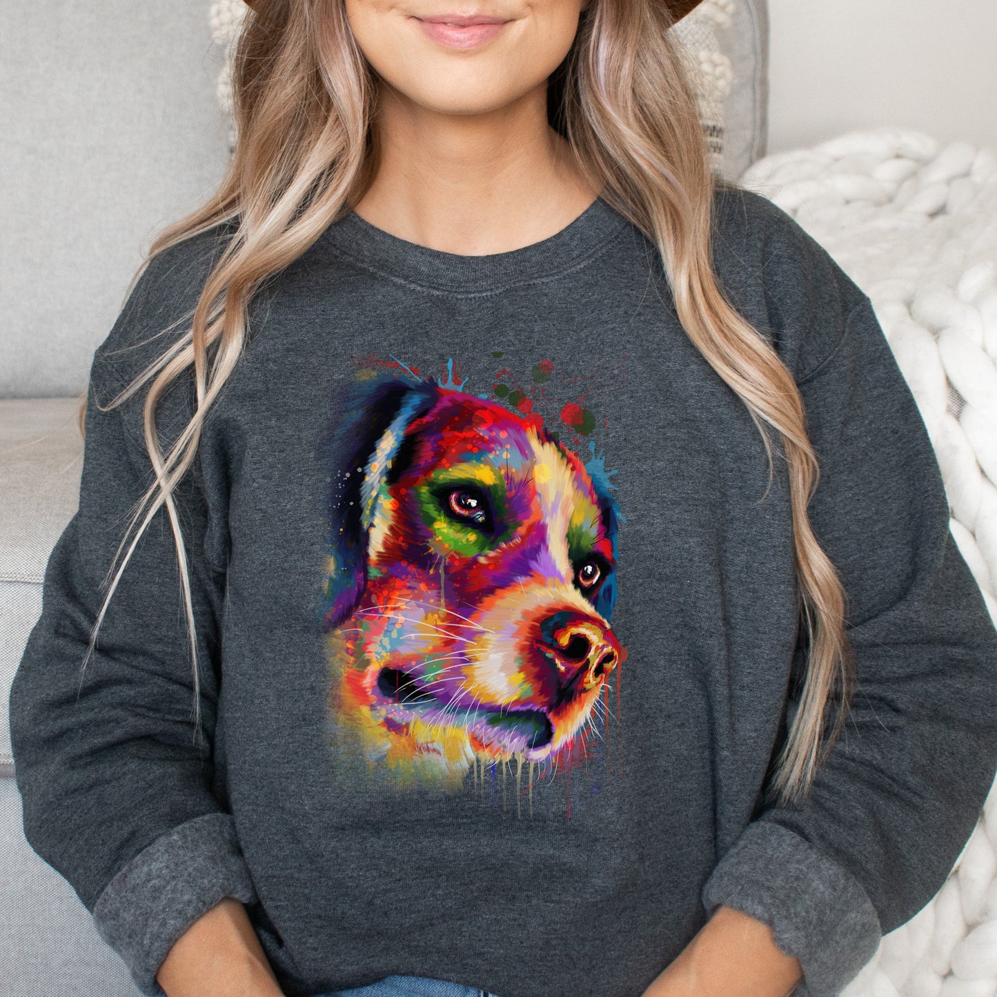 Abstract Beagle dog Unisex Crewneck Sweatshirt with expressive splashes-Dark Heather-Family-Gift-Planet