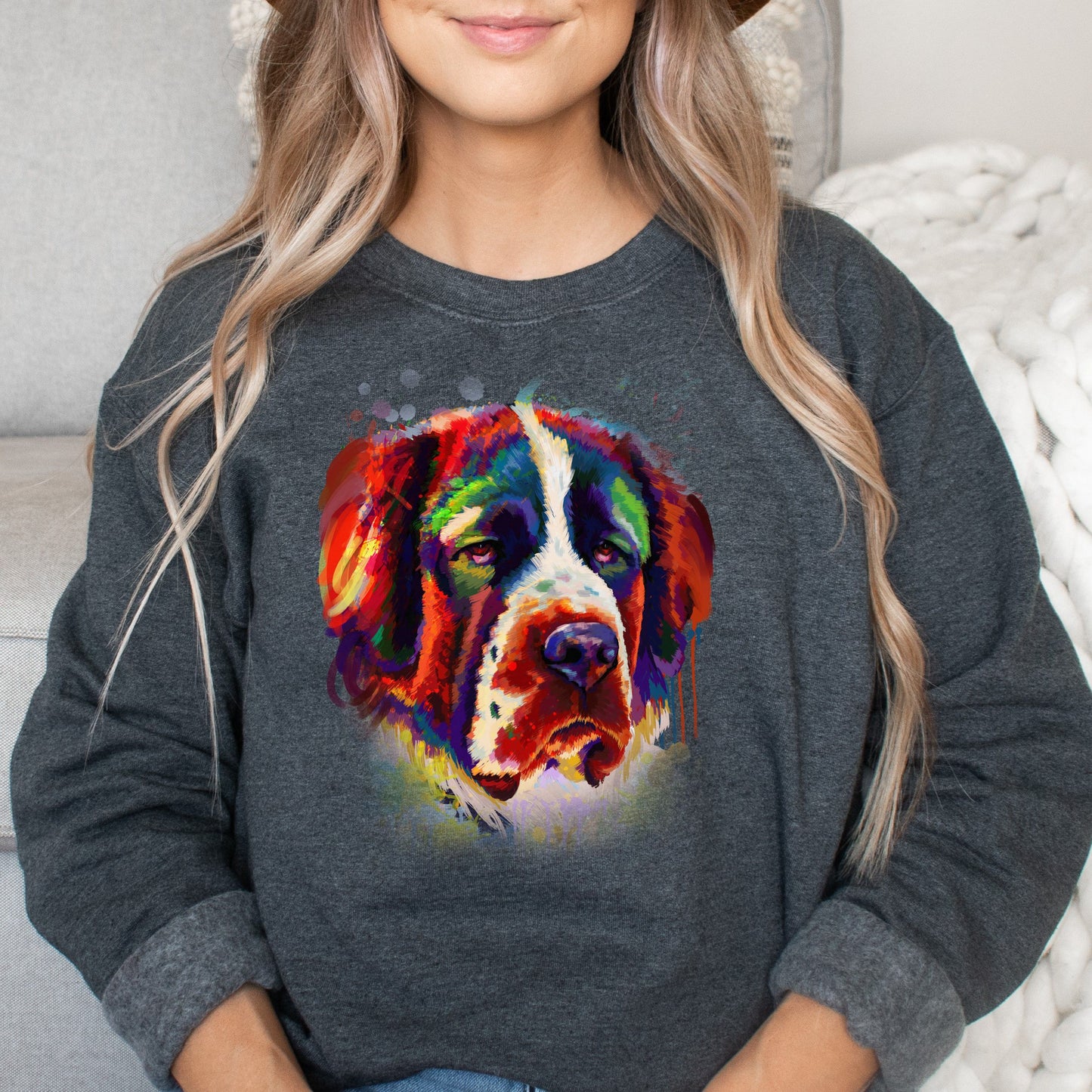 Abstract Bernard dog Unisex Crewneck Sweatshirt with expressive splashes-Dark Heather-Family-Gift-Planet