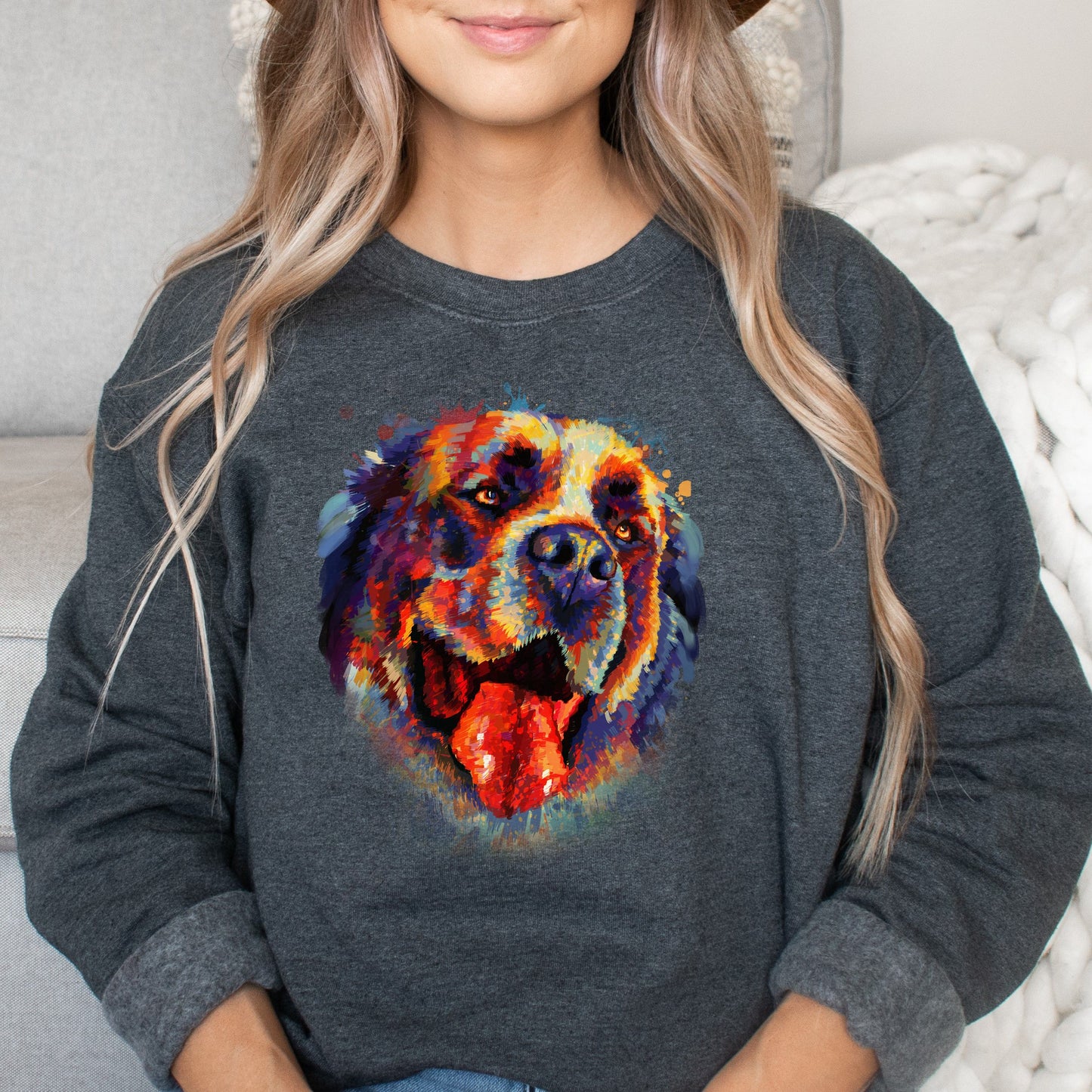 Artistic Bernard dog Unisex Crewneck Sweatshirt digital Art-Dark Heather-Family-Gift-Planet
