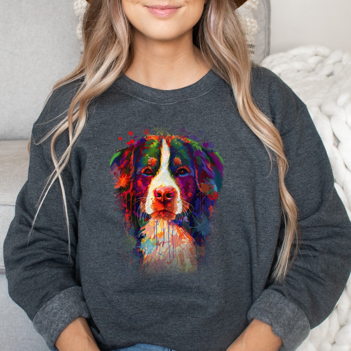 Abstract Bernese Mountain dog Unisex Crewneck Sweatshirt with expressive splashes-Dark Heather-Family-Gift-Planet