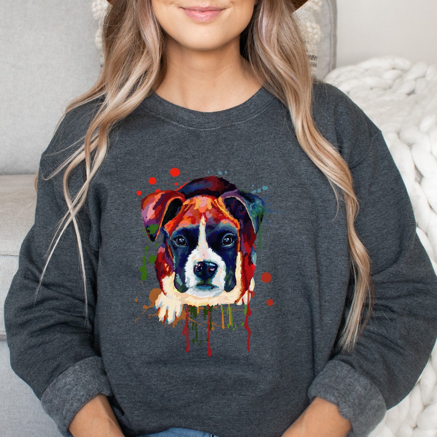 Abstract Boxer dog Unisex Crewneck Sweatshirt with expressive splashes-Dark Heather-Family-Gift-Planet