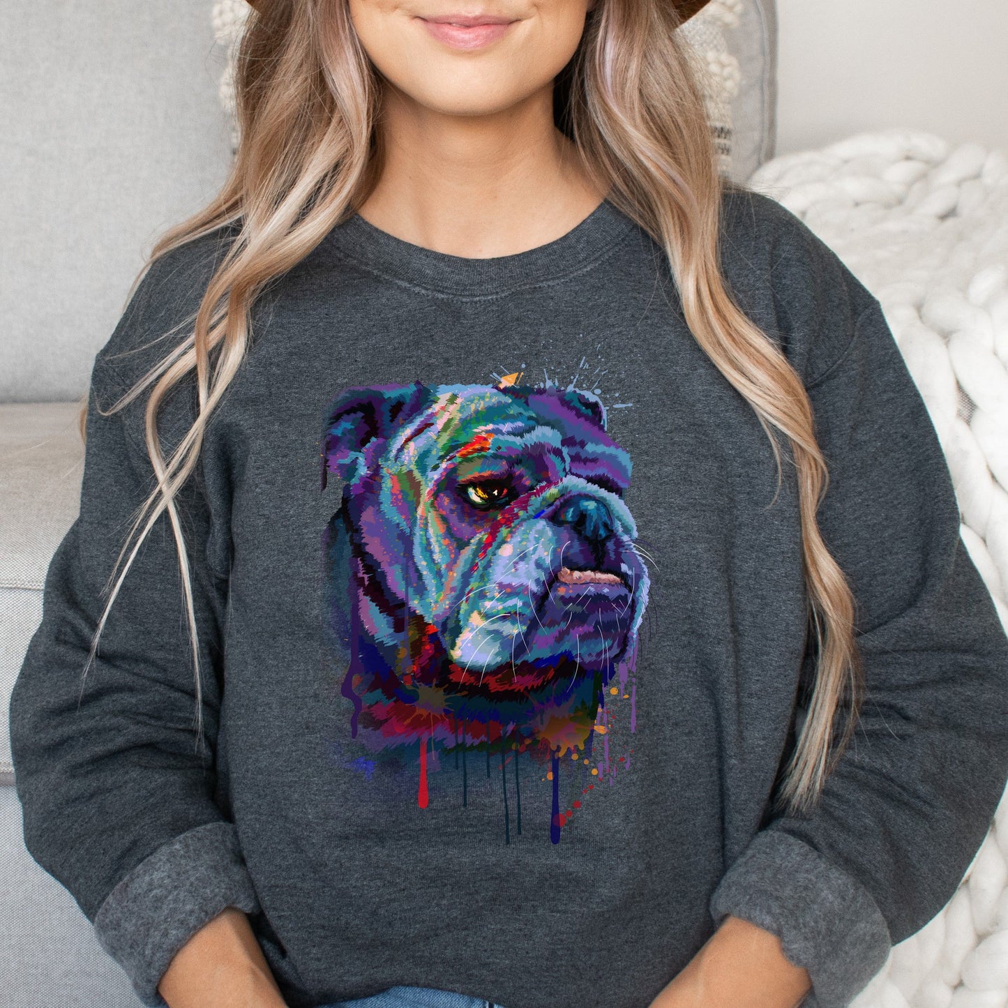 Abstract Bulldog dog Unisex Crewneck Sweatshirt with expressive splashes-Dark Heather-Family-Gift-Planet