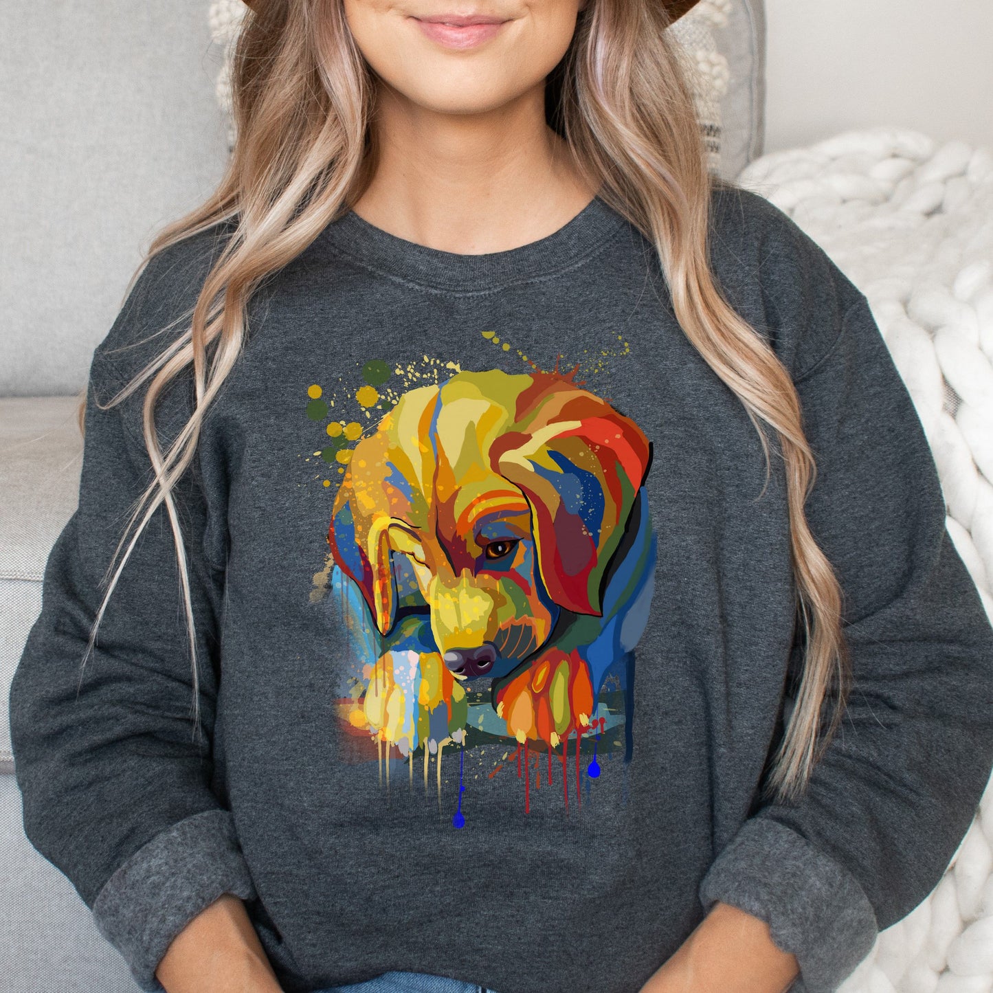 Abstract Golden Retriever dog Unisex Crewneck Sweatshirt with expressive splashes-Dark Heather-Family-Gift-Planet