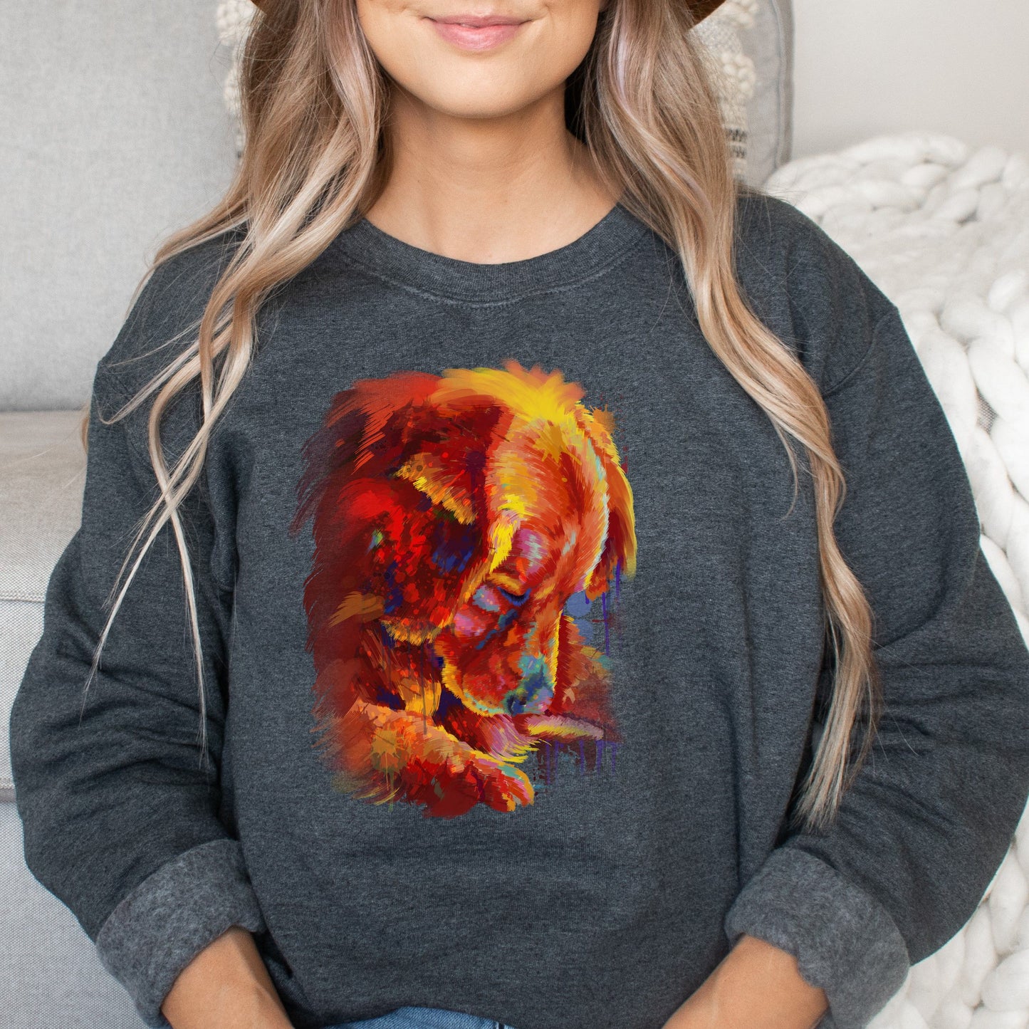 Artistic Golden retriever dog Unisex Crewneck Sweatshirt digital Art-Dark Heather-Family-Gift-Planet