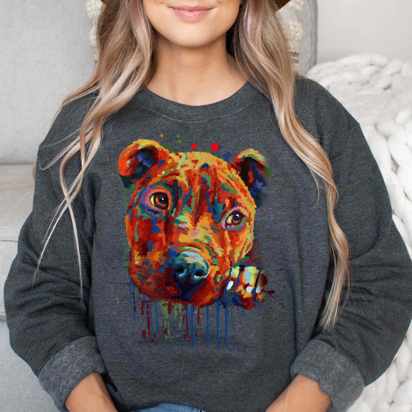 Artistic Pitbull dog Unisex Crewneck Sweatshirt digital Art-Dark Heather-Family-Gift-Planet