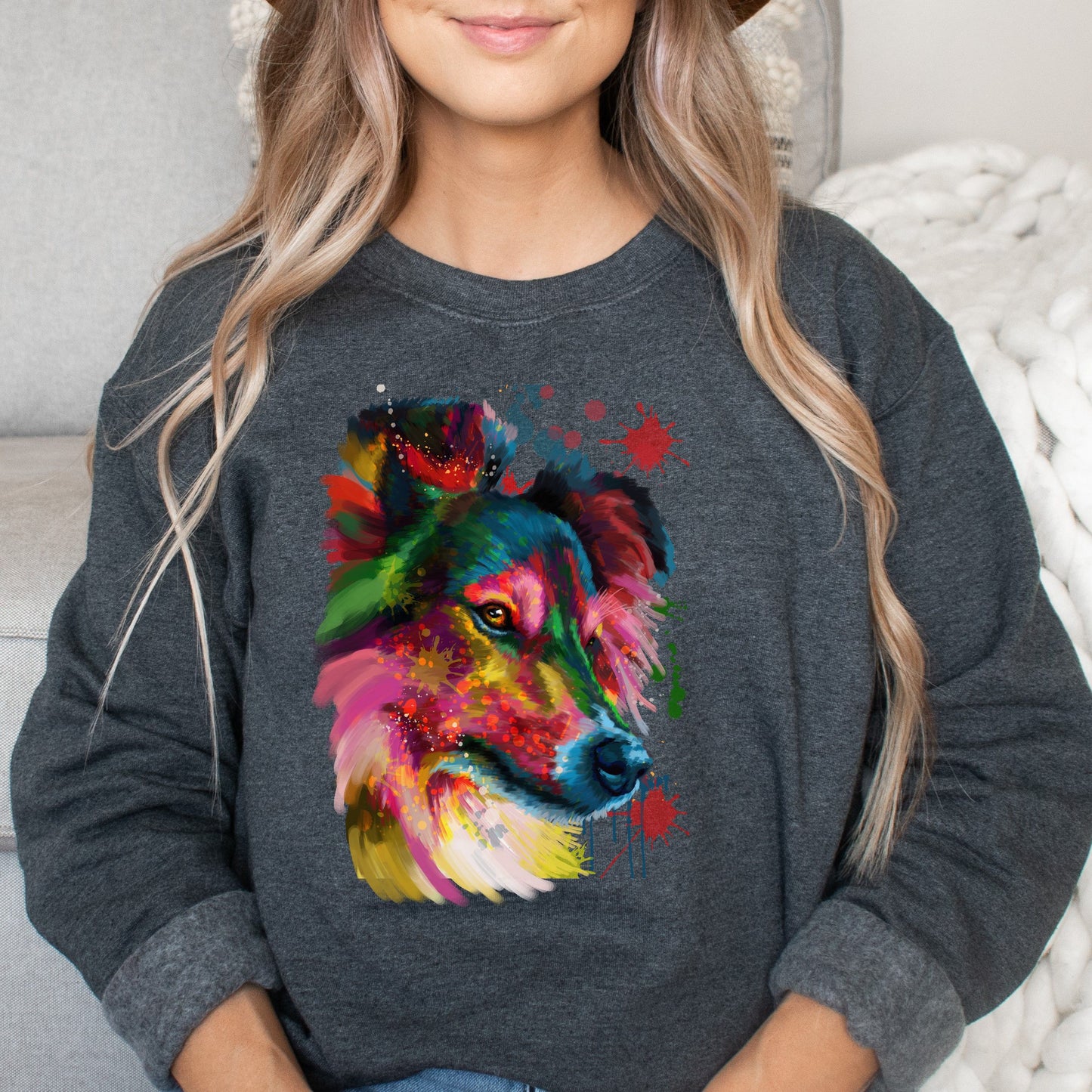 Abstract Sheltie dog Unisex Crewneck Sweatshirt with expressive splashes-Dark Heather-Family-Gift-Planet