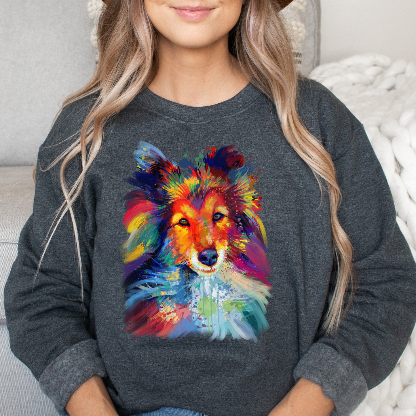 Artistic Sheltie dog Unisex Crewneck Sweatshirt digital Art-Dark Heather-Family-Gift-Planet