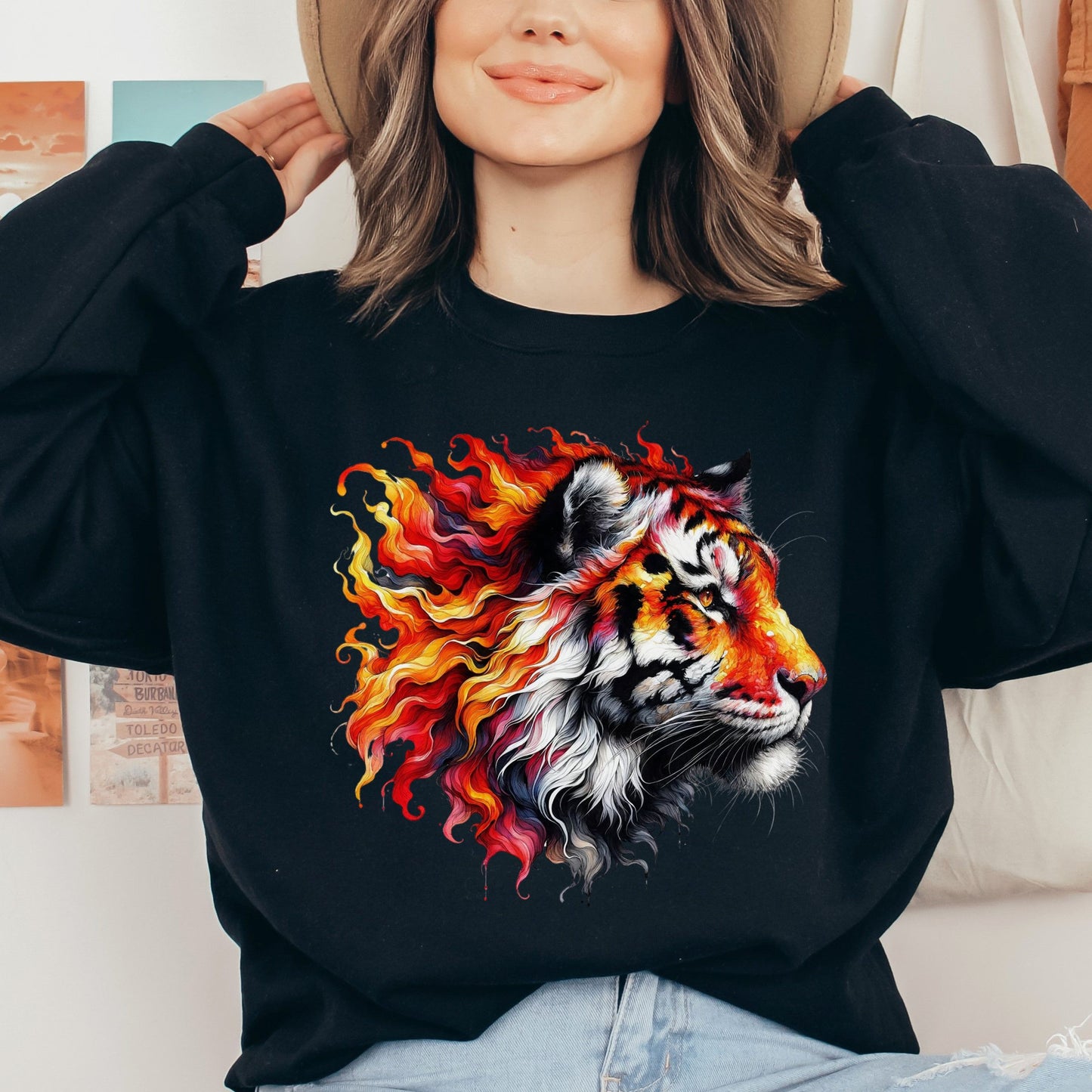 Tiger in fire Unisex Sweatshirt Black Navy Dark Heather-Black-Family-Gift-Planet