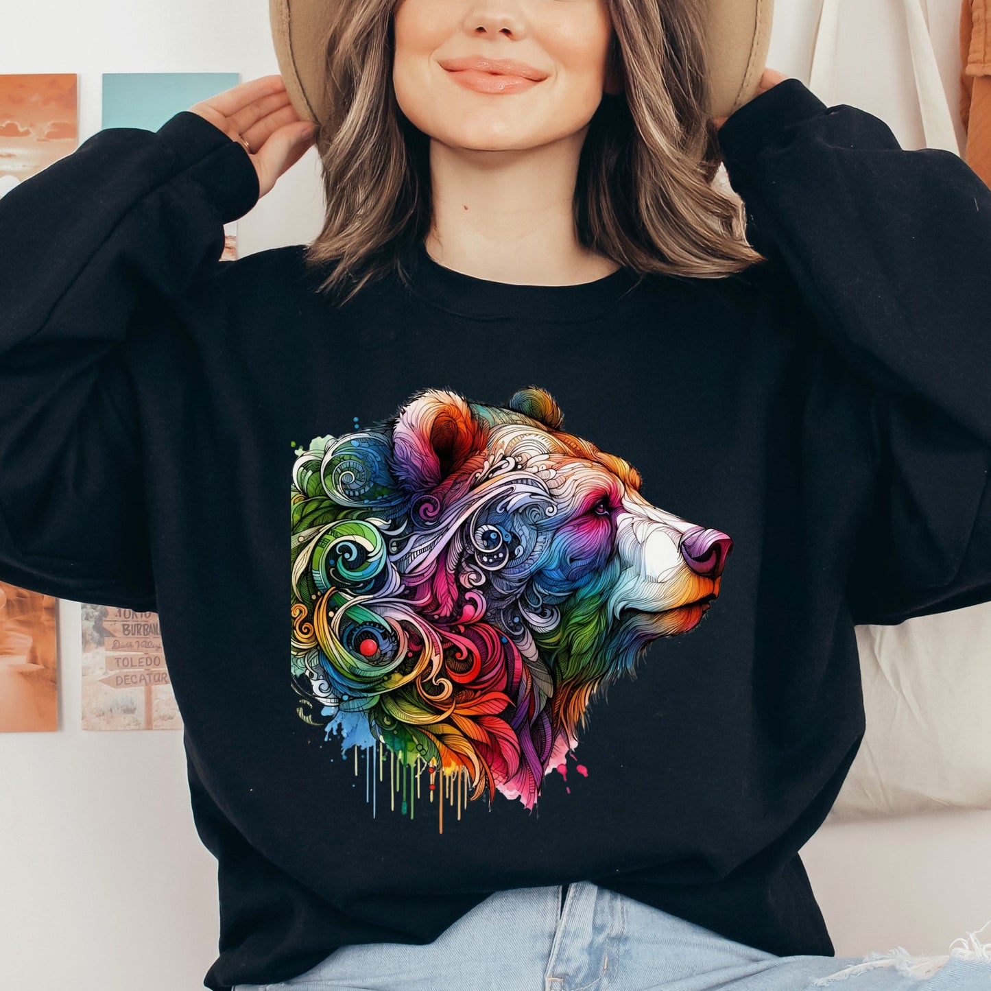Bear colorful artistic Unisex Sweatshirt Black Navy Dark Heather-Black-Family-Gift-Planet