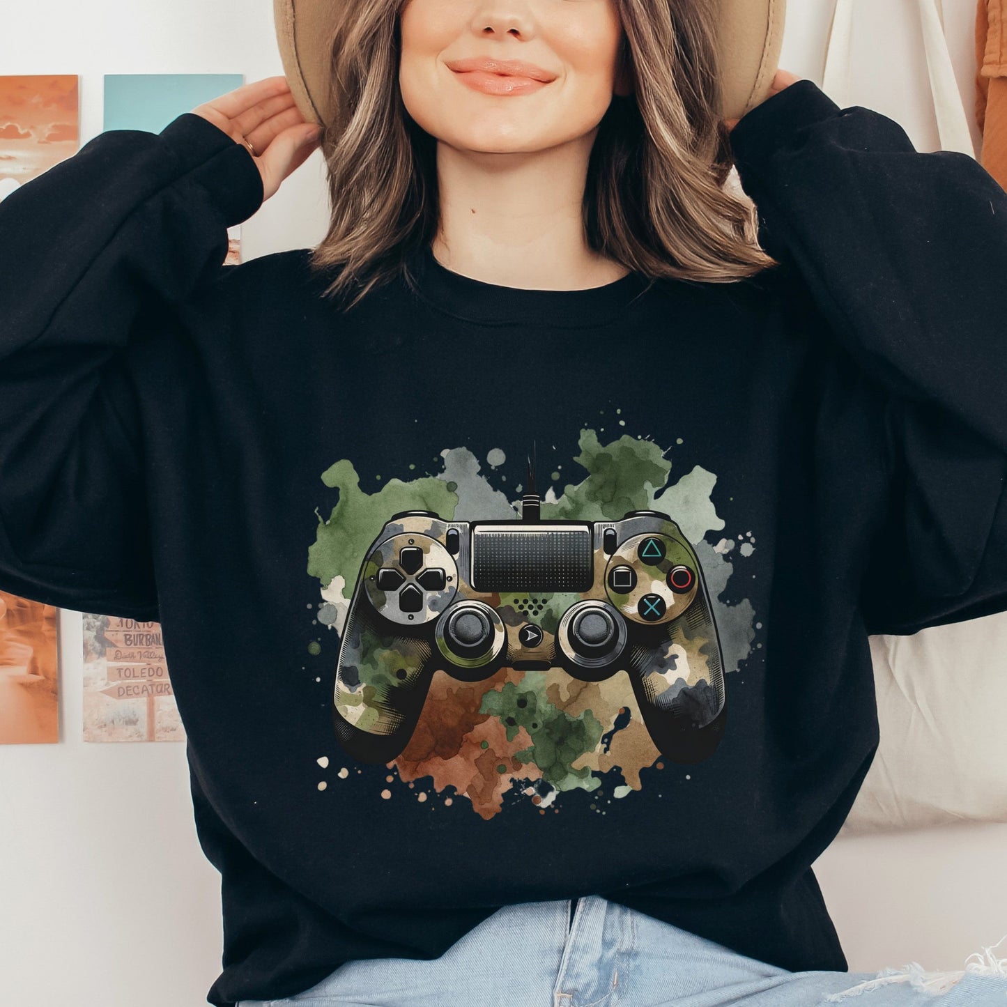 Gamer camo Color Splash Unisex Sweatshirt Black Navy Dark Heather-Black-Family-Gift-Planet