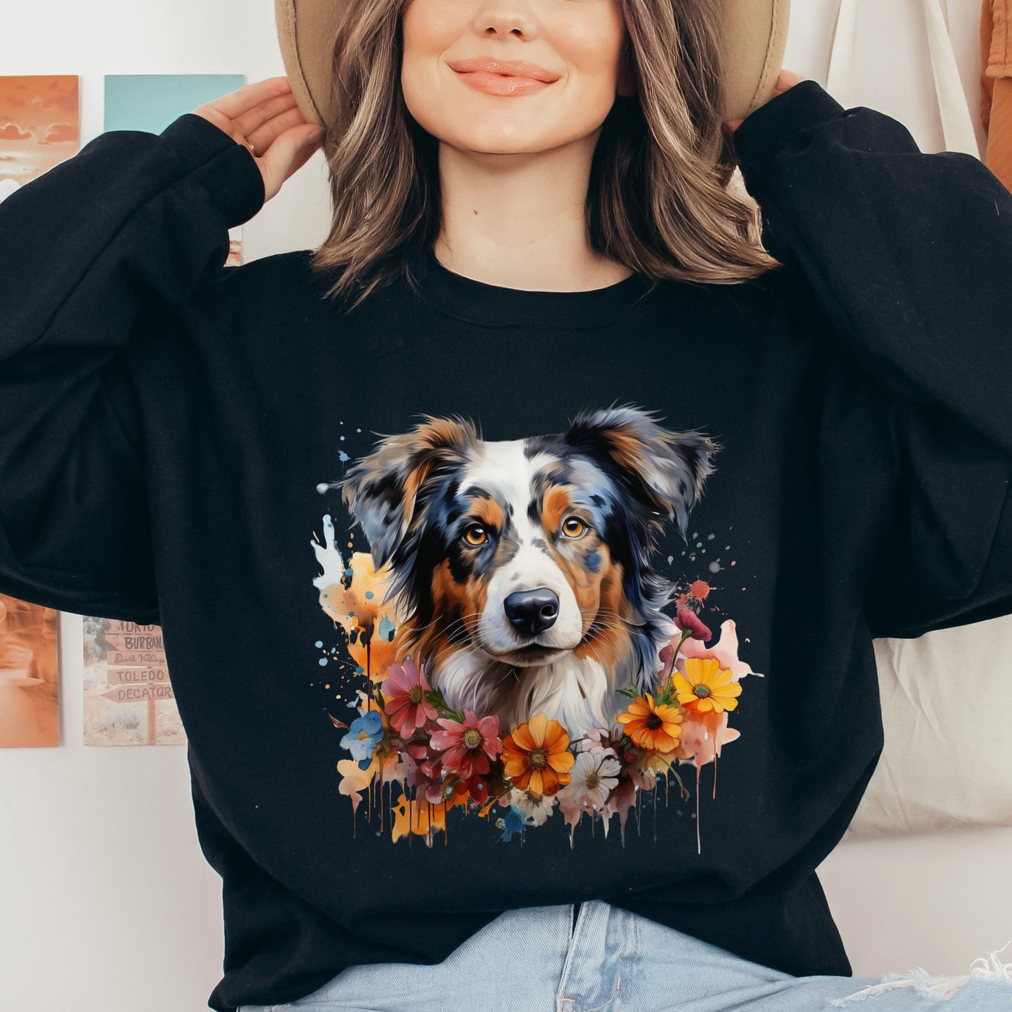 Australian Shepherd floral Color Splash Unisex Sweatshirt Black Navy Dark Heather-Black-Family-Gift-Planet