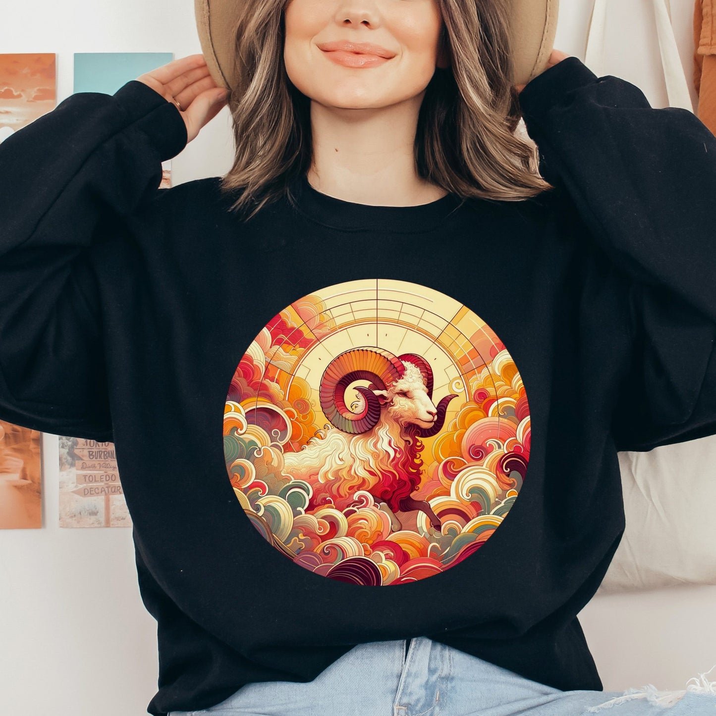 Aries Zodiac sign artistic Unisex Sweatshirt Black Navy Dark Heather-Black-Family-Gift-Planet