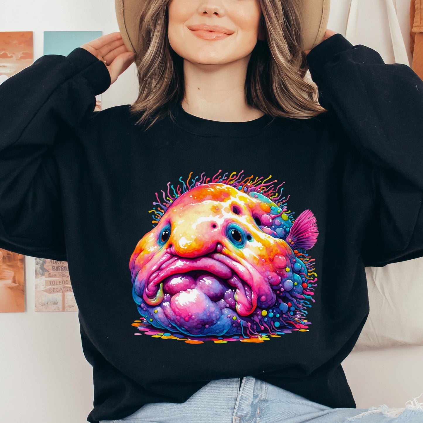 Blobfish Color Splash Unisex Sweatshirt abstract Blobfish tee Black Navy Dark Heather-Black-Family-Gift-Planet
