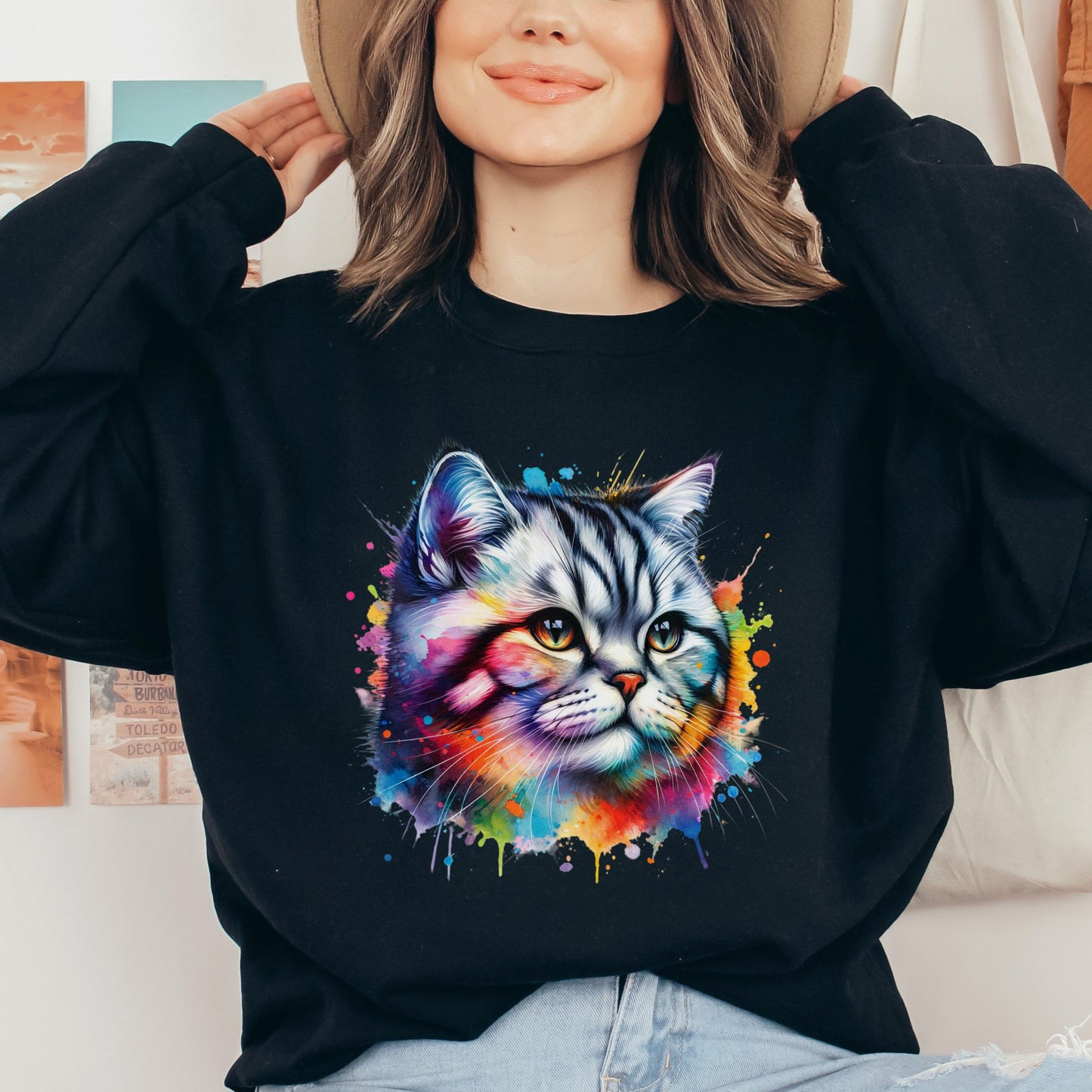 American Shorthair Cat Color Splash Unisex Sweatshirt Black Navy Dark Heather-Black-Family-Gift-Planet