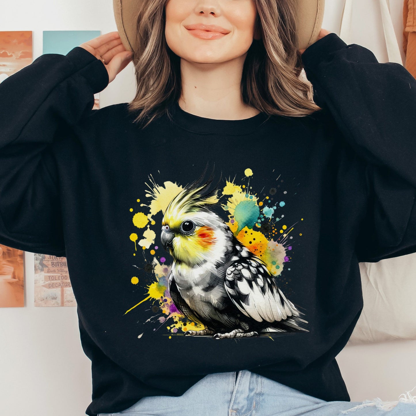 Cockatiel Bird Color Splash Unisex Sweatshirt Black Navy Dark Heather-Black-Family-Gift-Planet