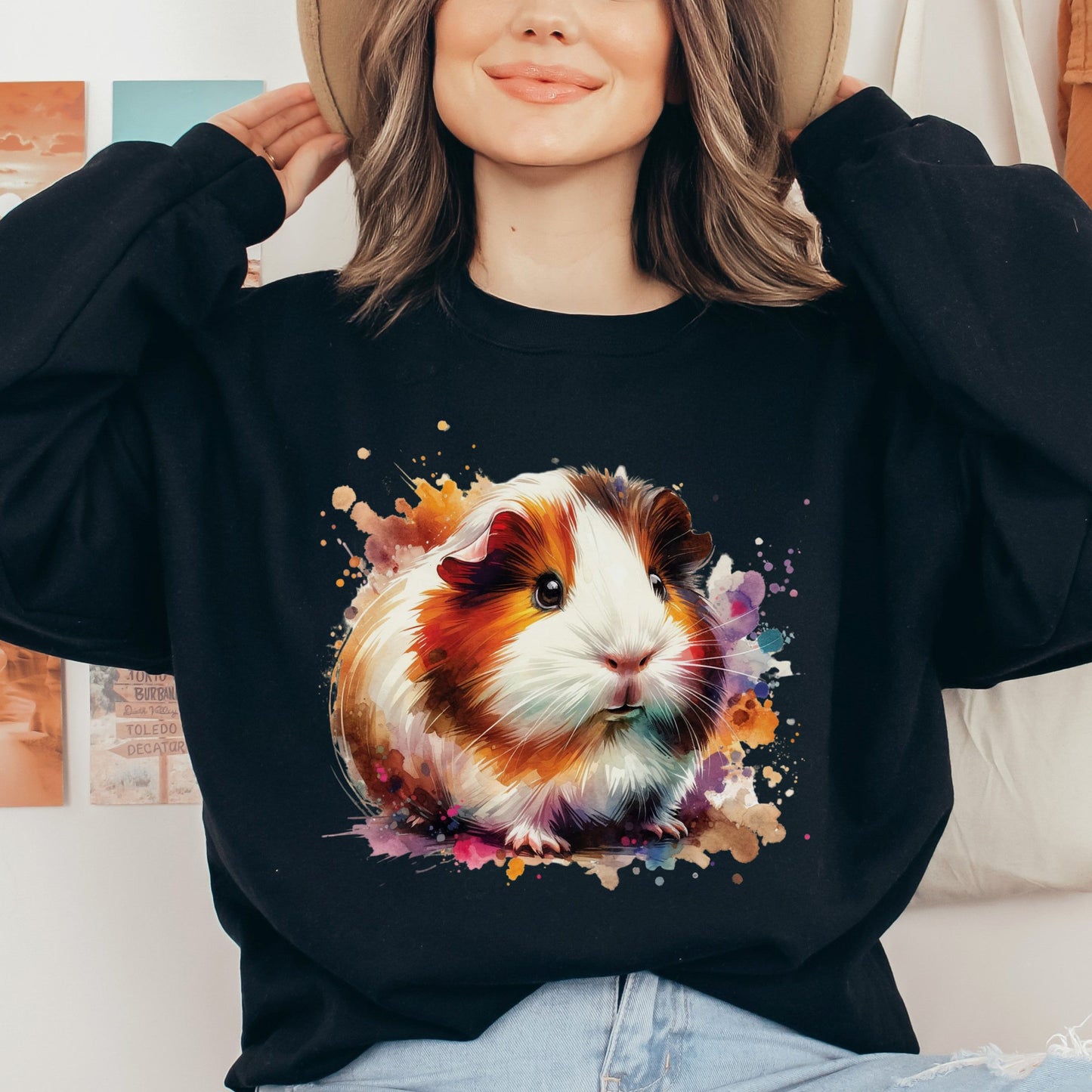 Guinea Pig Color Splash Unisex Sweatshirt Black Navy Dark Heather-Black-Family-Gift-Planet