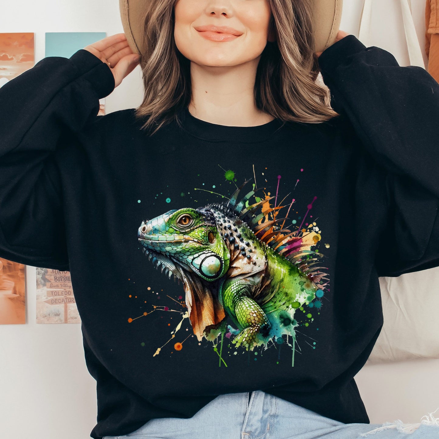 Iguana Color Splash Unisex Sweatshirt Black Navy Dark Heather-Black-Family-Gift-Planet