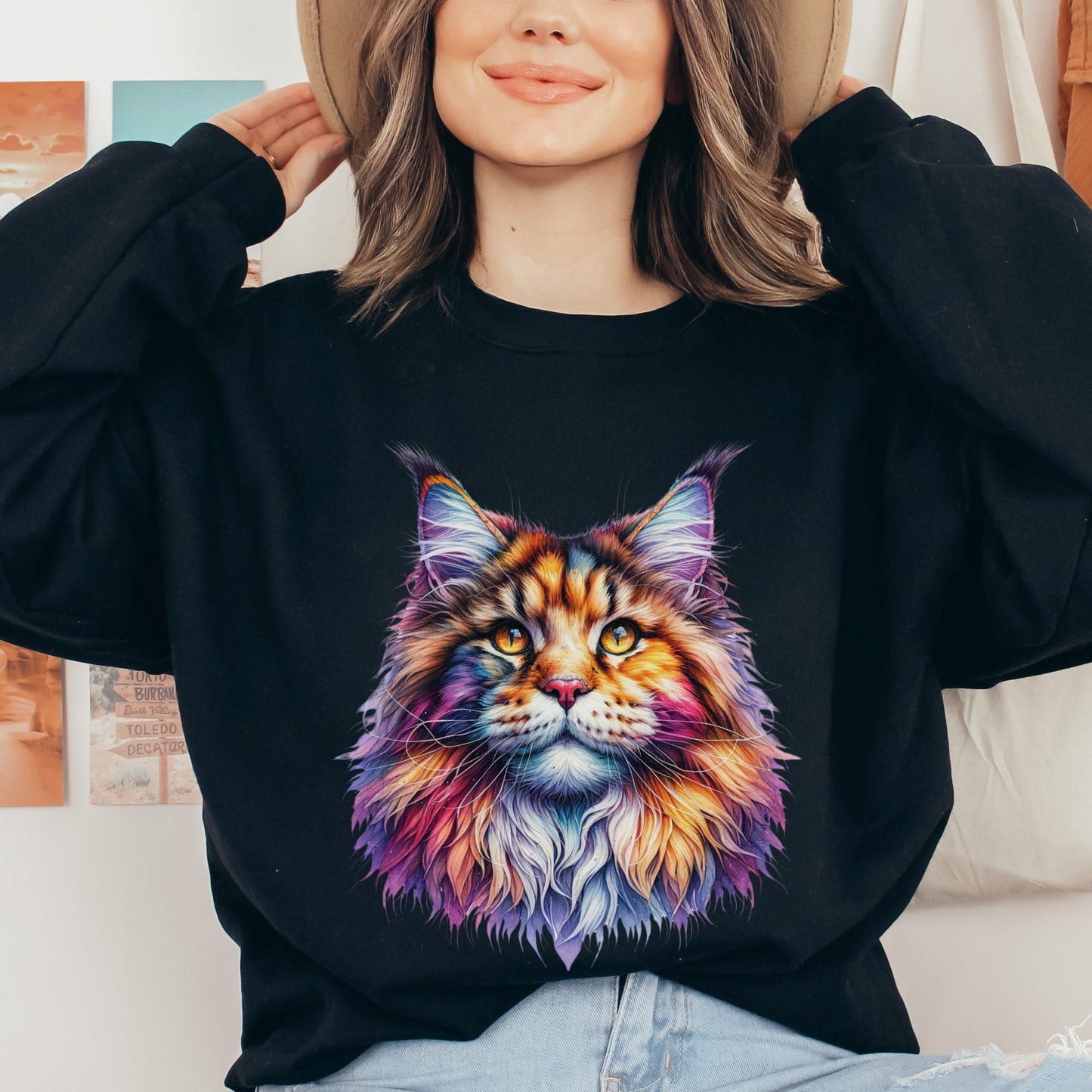 Maine Coon Cat Color Splash Unisex Sweatshirt Black Navy Dark Heather-Black-Family-Gift-Planet