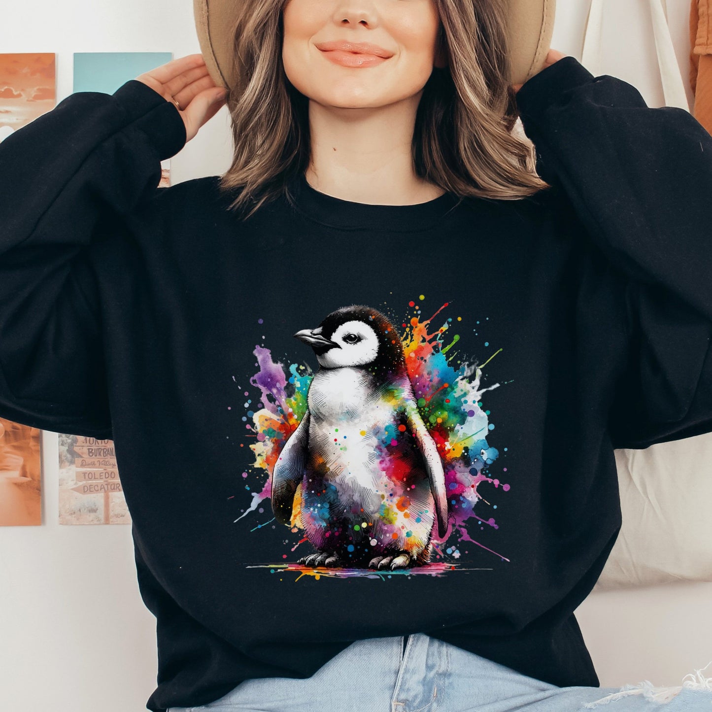 Artistic Penguin Color Splash Unisex Sweatshirt Black Navy Dark Heather-Black-Family-Gift-Planet