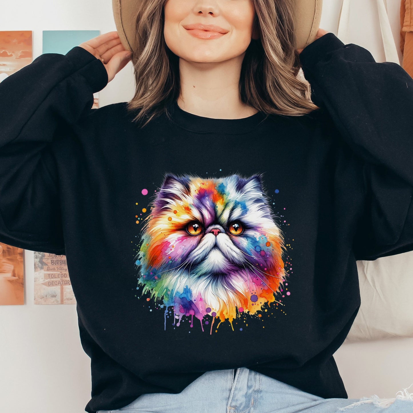 Persian Cat Color Splash Unisex Sweatshirt Black Navy Dark Heather-Black-Family-Gift-Planet