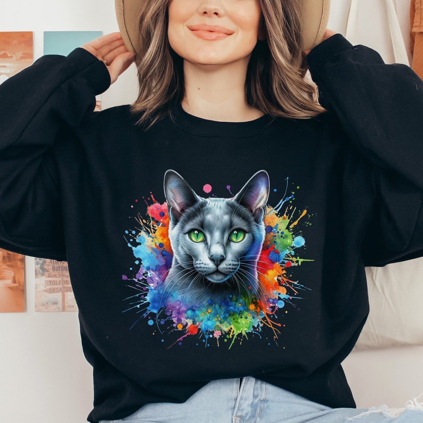 Russian Blue Cat Color Splash Unisex Sweatshirt Black Navy Dark Heather-Black-Family-Gift-Planet