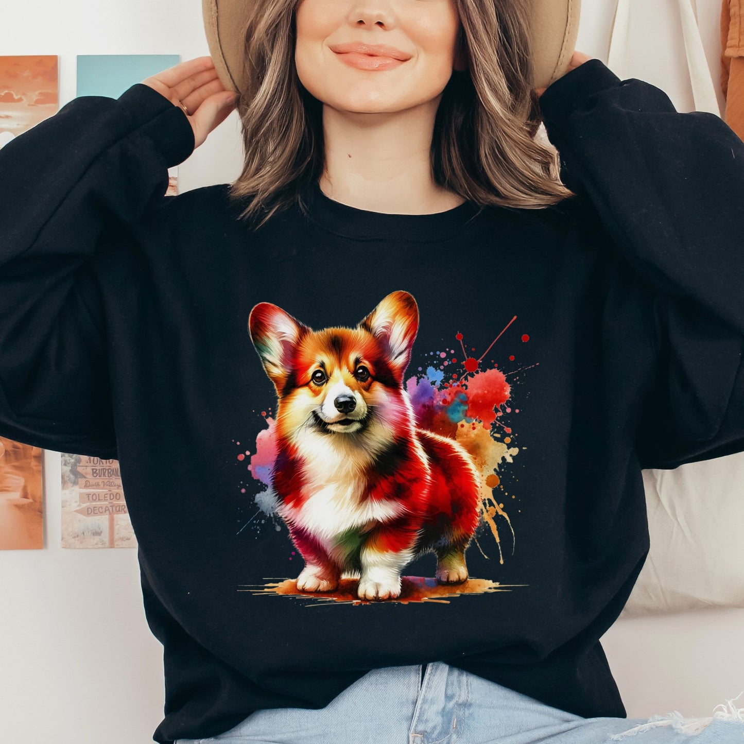 Welsh Corgi Color Splash Unisex Sweatshirt Black Navy Dark Heather-Black-Family-Gift-Planet