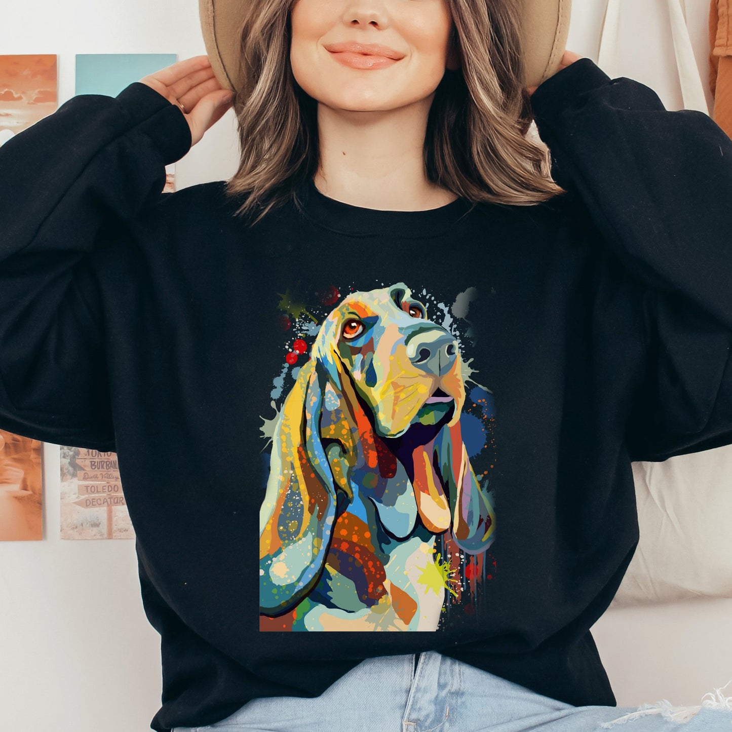 Abstract Basset hound dog Unisex Crewneck Sweatshirt with expressive splashes-Black-Family-Gift-Planet