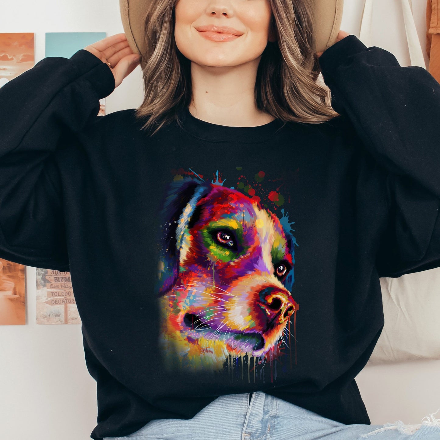 Abstract Beagle dog Unisex Crewneck Sweatshirt with expressive splashes-Black-Family-Gift-Planet