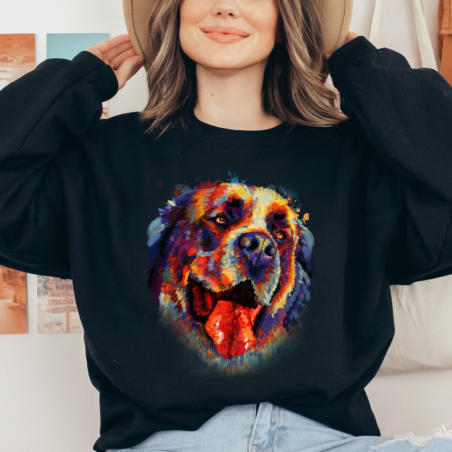 Artistic Bernard dog Unisex Crewneck Sweatshirt digital Art-Black-Family-Gift-Planet