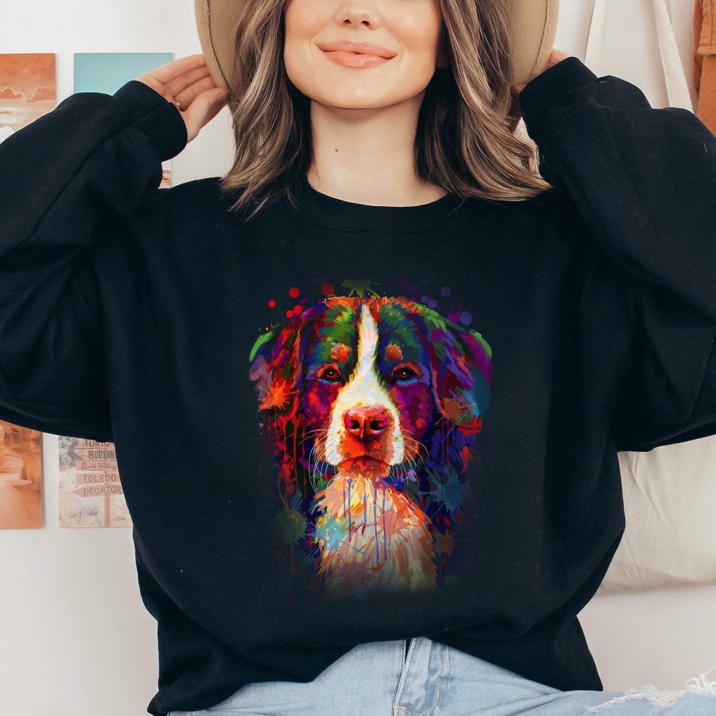 Abstract Bernese Mountain dog Unisex Crewneck Sweatshirt with expressive splashes-Black-Family-Gift-Planet