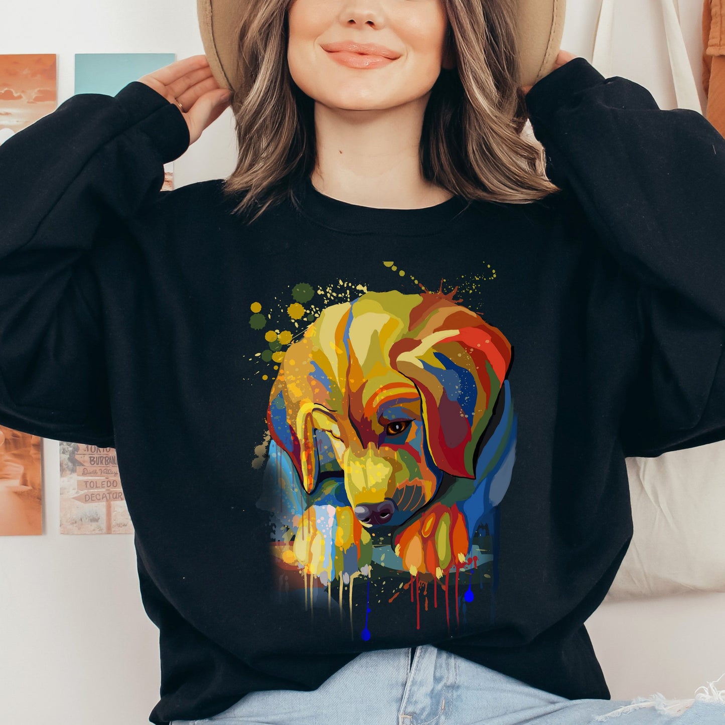 Abstract Golden Retriever dog Unisex Crewneck Sweatshirt with expressive splashes-Black-Family-Gift-Planet