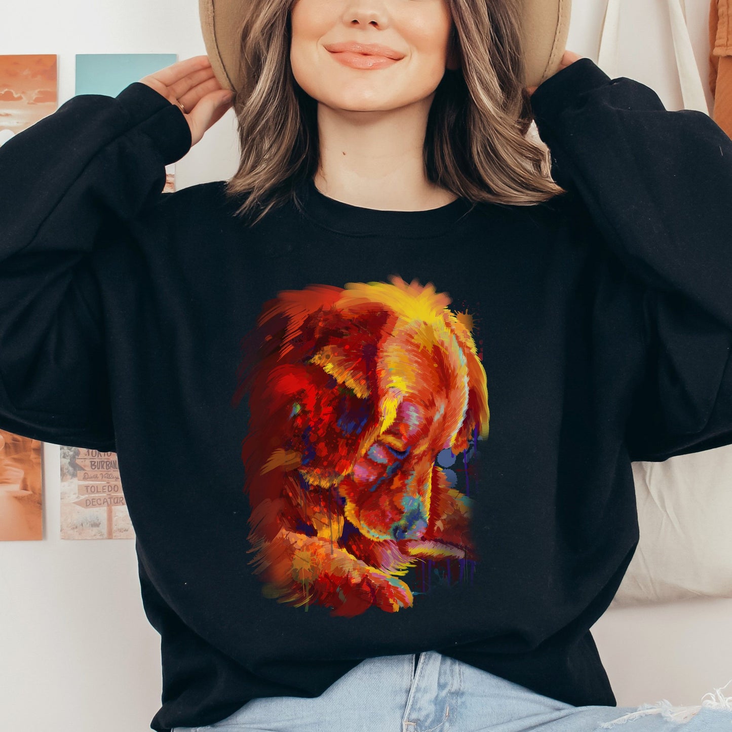 Artistic Golden retriever dog Unisex Crewneck Sweatshirt digital Art-Black-Family-Gift-Planet