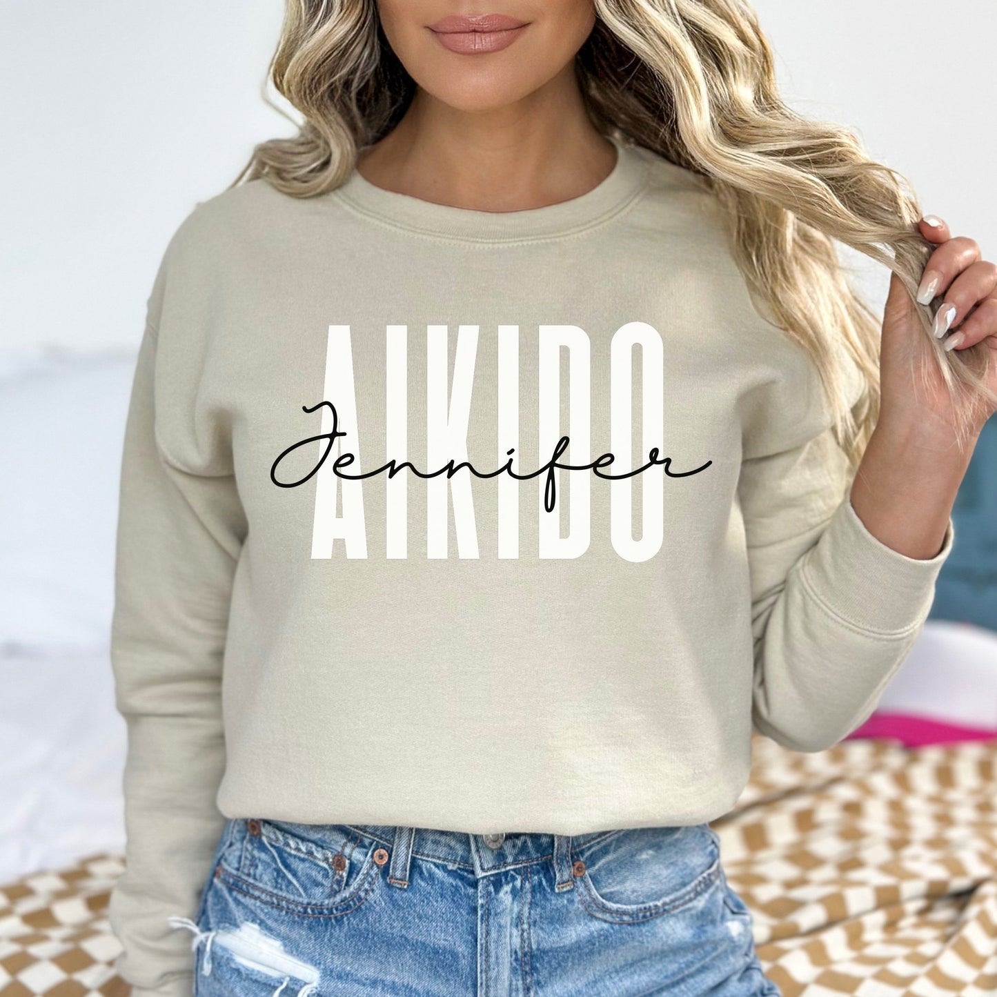 Personalized Aikido Unisex Sweatshirt Custom name aikido trainer Sand Black Dark Heather-Sand-Family-Gift-Planet