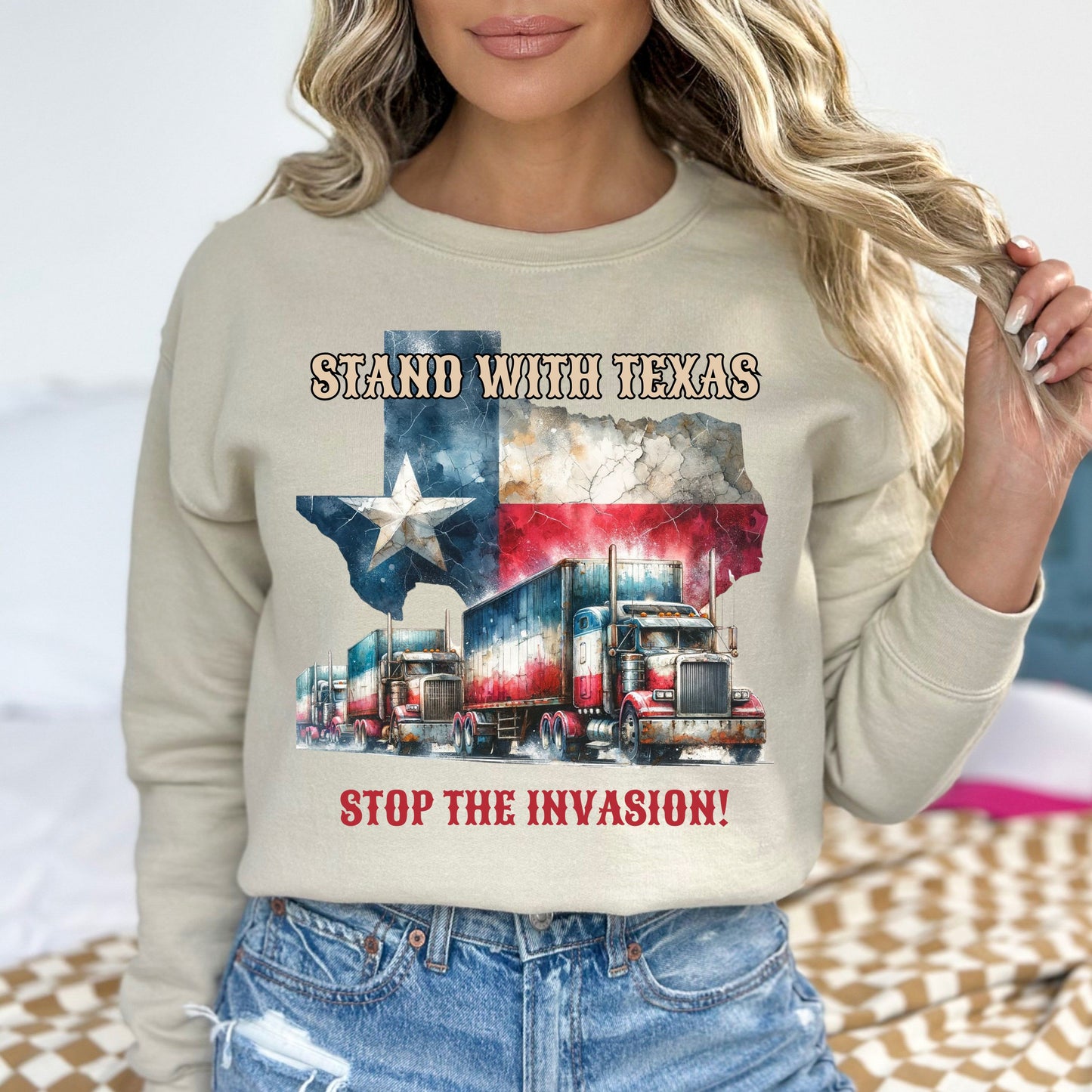 Stand with Texas Stop the invasion Unisex Sweatshirt border truck Texas black-Sand-Family-Gift-Planet