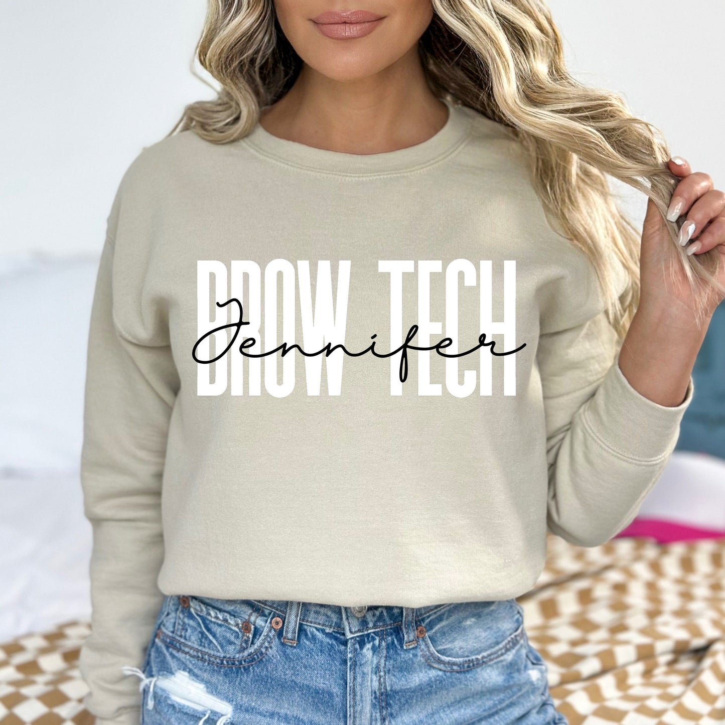 Personalized Brow tech Unisex Sweatshirt Custom name Brow technician Sand Black Dark Heather-Sand-Family-Gift-Planet