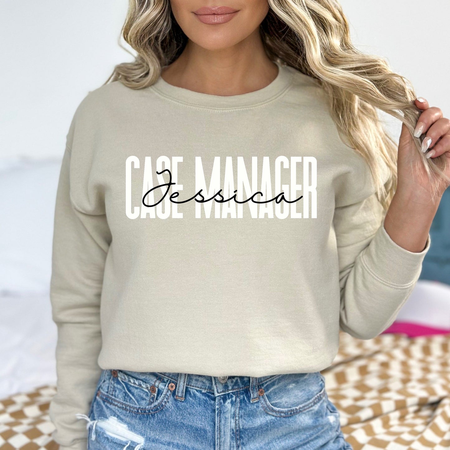 Personalized Case manager Unisex Sweatshirt Custom name case manager Sand Black Dark Heather-Sand-Family-Gift-Planet