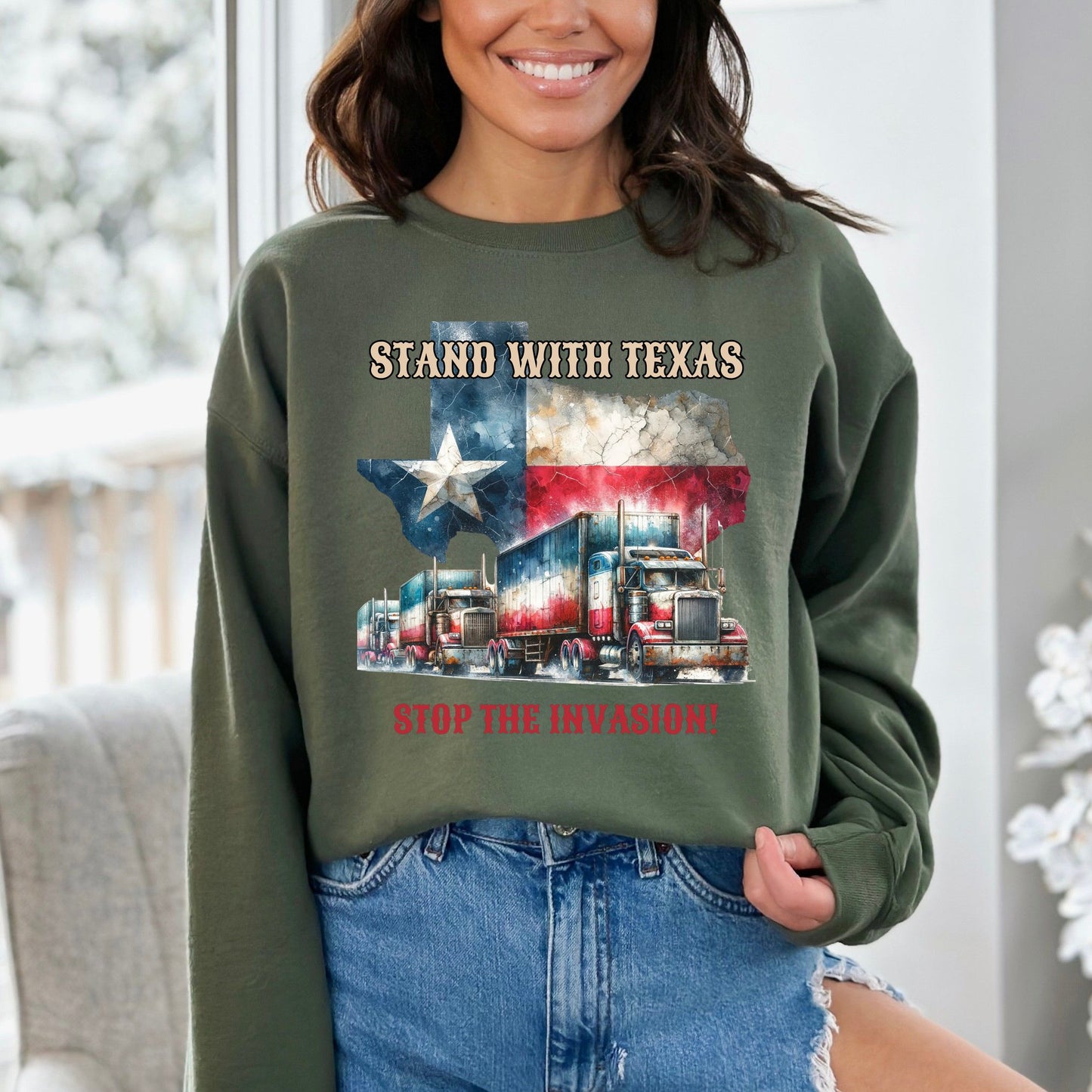 Stand with Texas Stop the invasion Unisex Sweatshirt border truck Texas black-Military Green-Family-Gift-Planet