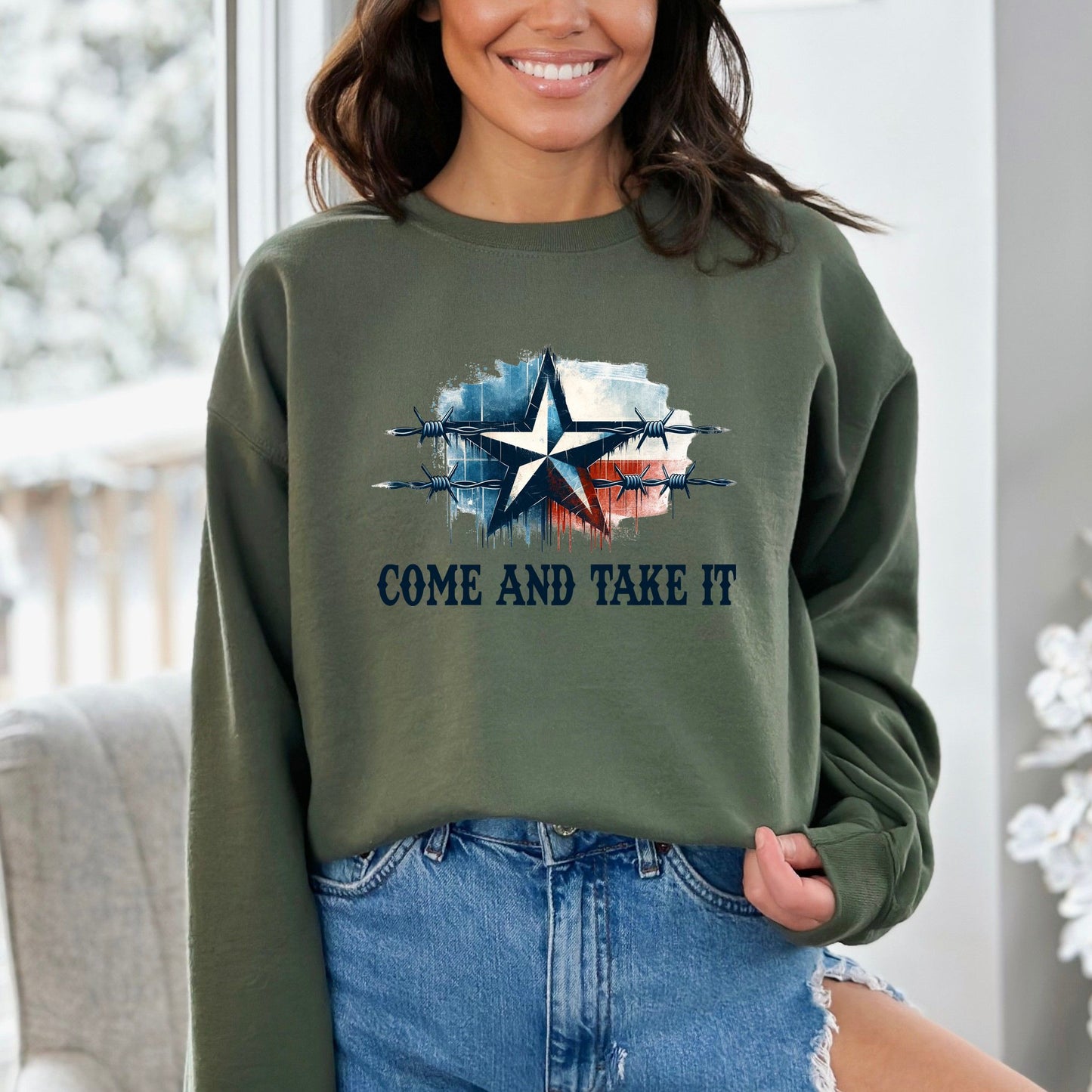 Come and take it Unisex Sweatshirt border truck Texas black-Military Green-Family-Gift-Planet