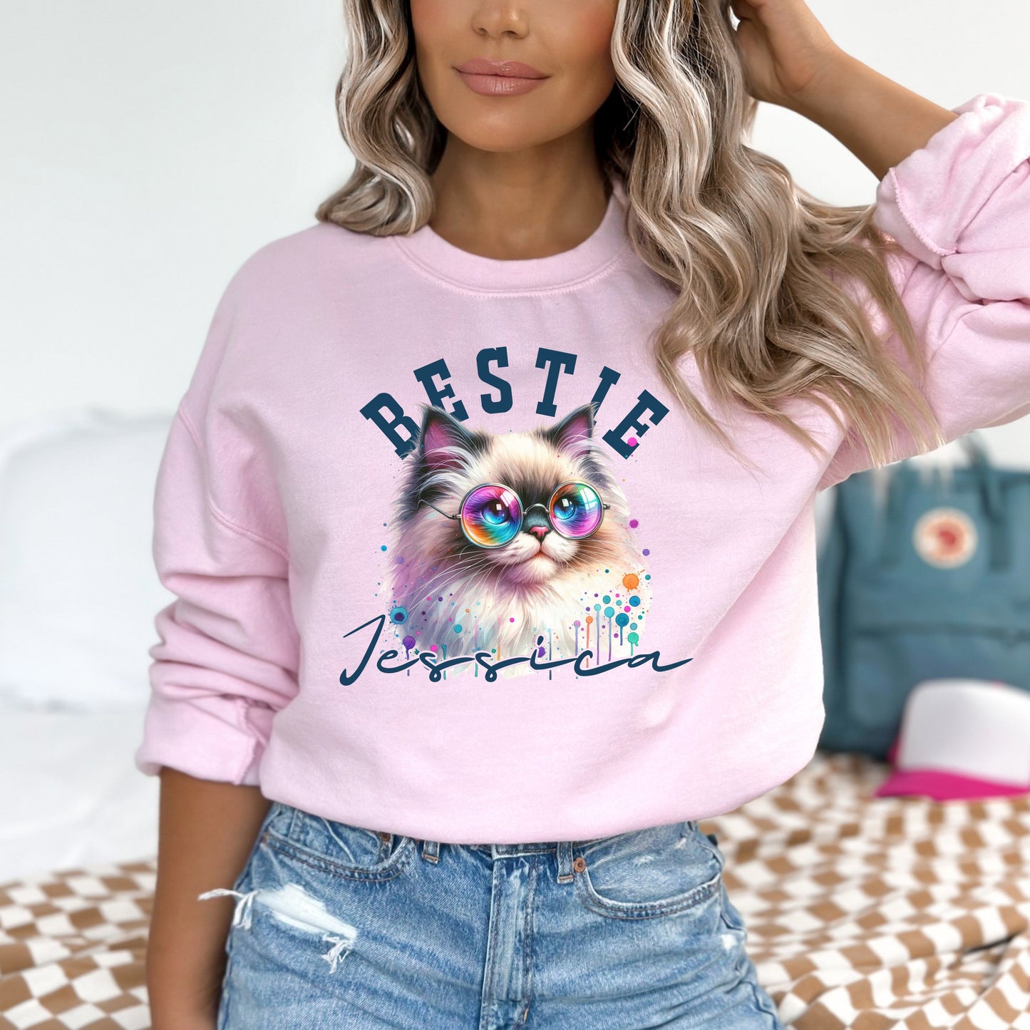 Bestie funny Personalized Unisex Sweatshirt Custom Best friend Valentine day gift Sand-Light Pink-Family-Gift-Planet