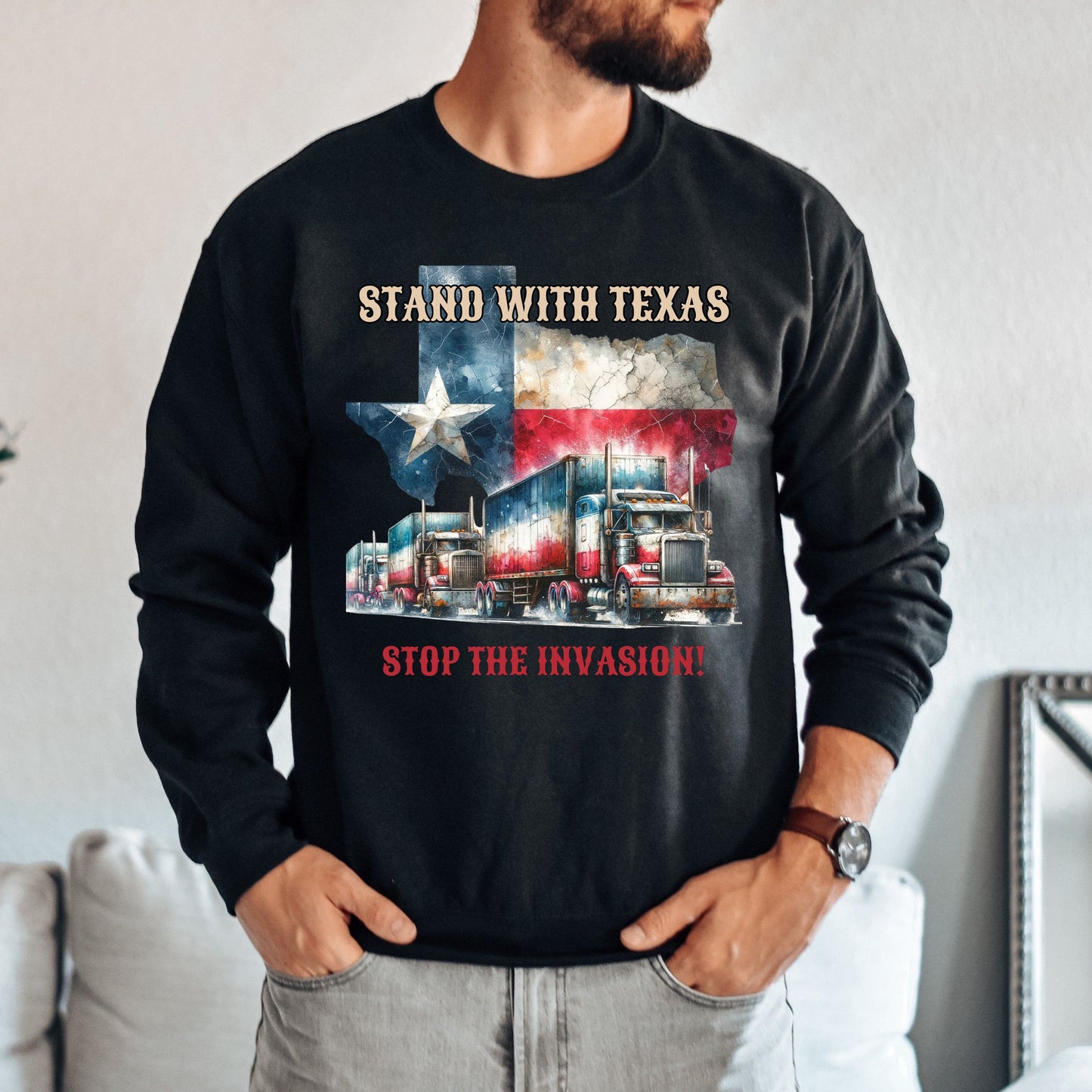 Stand with Texas Stop the invasion Unisex Sweatshirt border truck Texas black-Black-Family-Gift-Planet