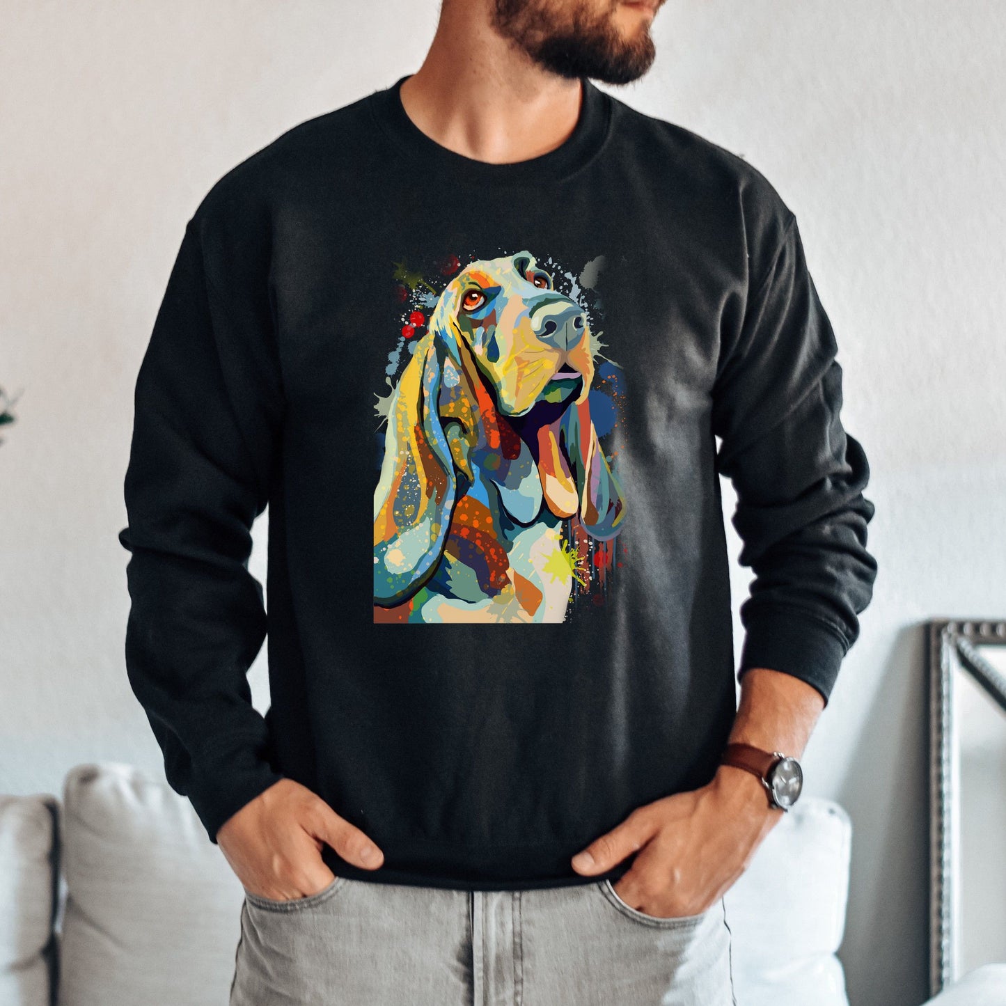 Abstract Basset hound dog Unisex Crewneck Sweatshirt with expressive splashes-Family-Gift-Planet