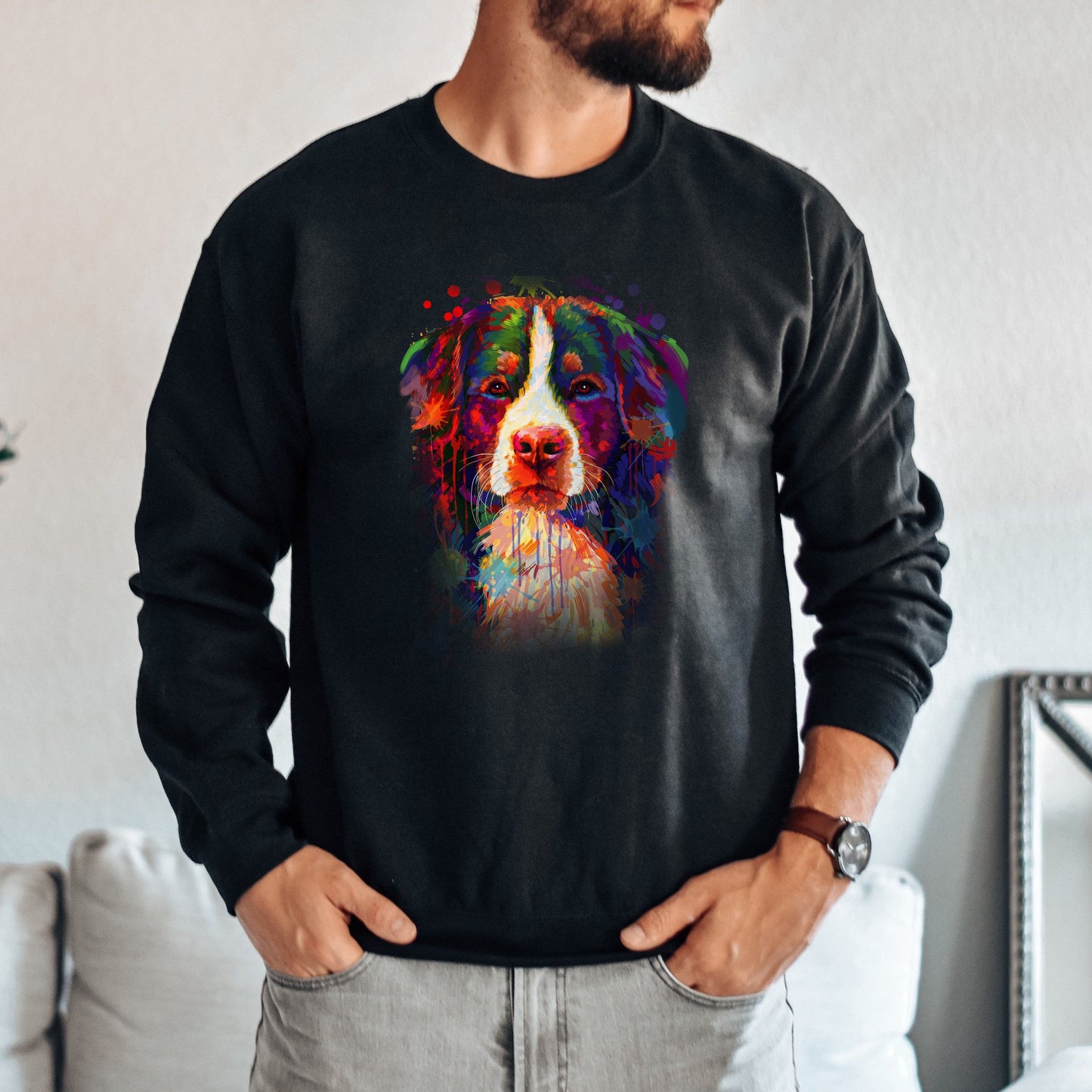 Abstract Bernese Mountain dog Unisex Crewneck Sweatshirt with expressive splashes-Family-Gift-Planet