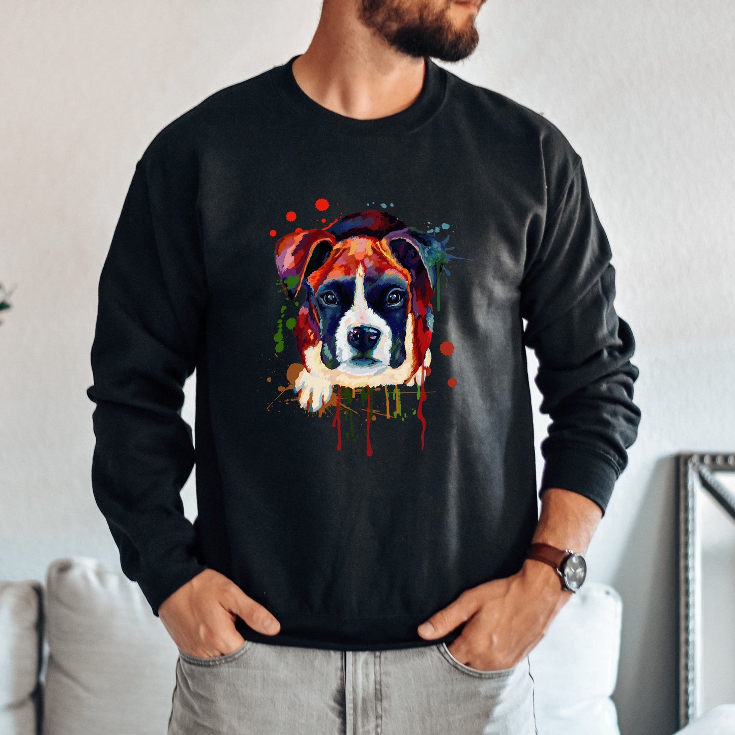 Abstract Boxer dog Unisex Crewneck Sweatshirt with expressive splashes-Family-Gift-Planet