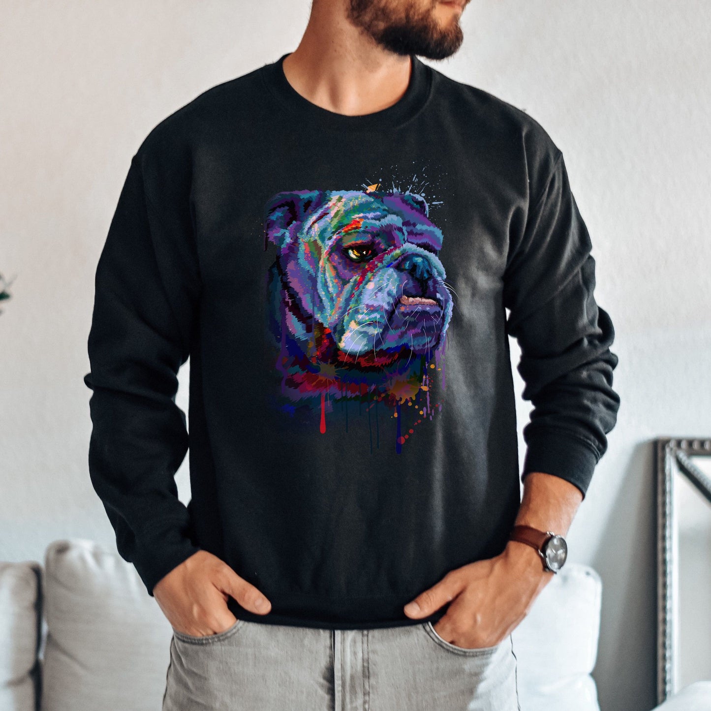 Abstract Bulldog dog Unisex Crewneck Sweatshirt with expressive splashes-Family-Gift-Planet