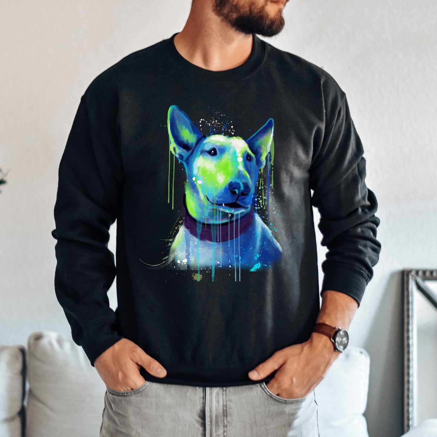 Neon green and blue Splash Art Bull Terriers dog Unisex Crewneck Sweatshirt-Family-Gift-Planet
