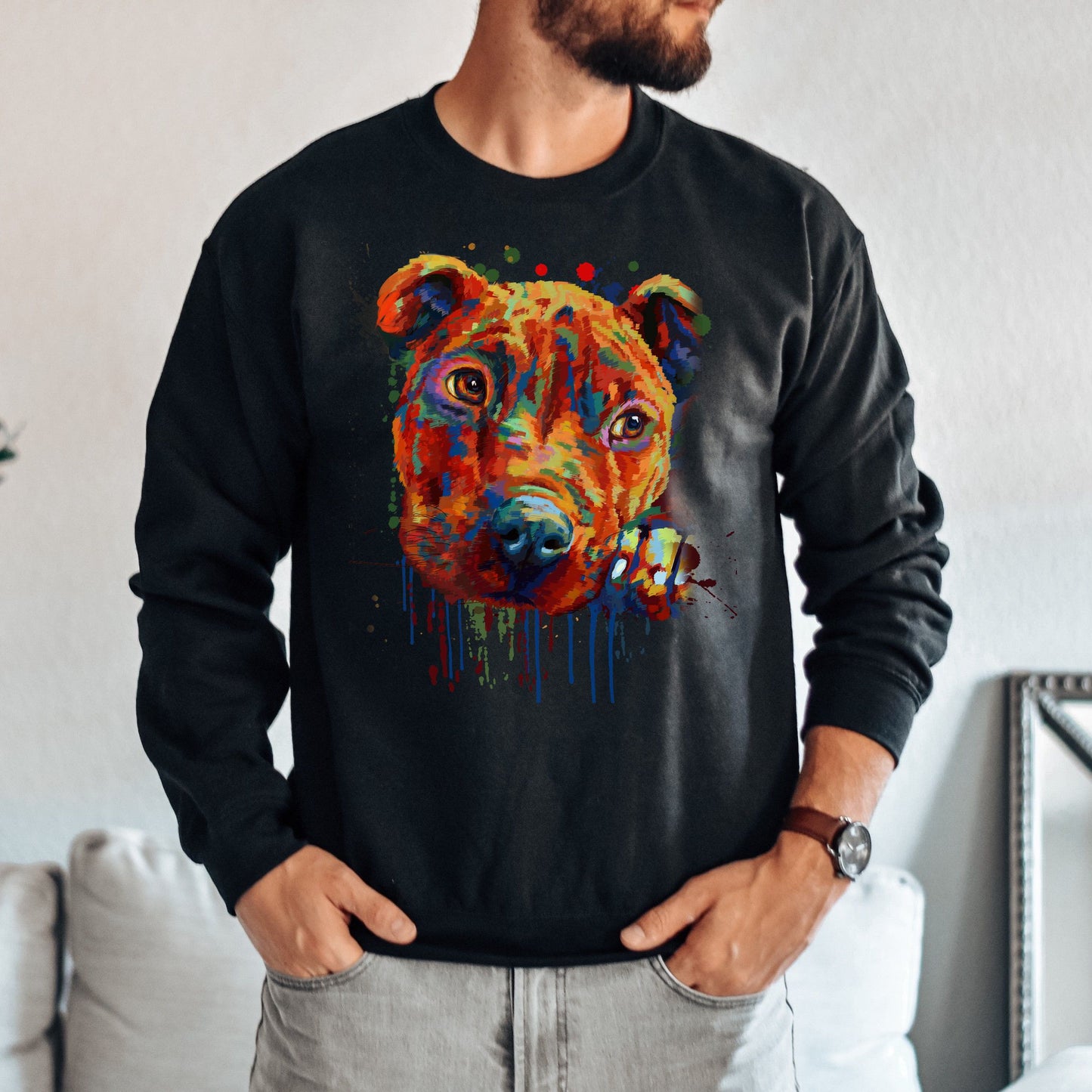 Artistic Pitbull dog Unisex Crewneck Sweatshirt digital Art-Family-Gift-Planet