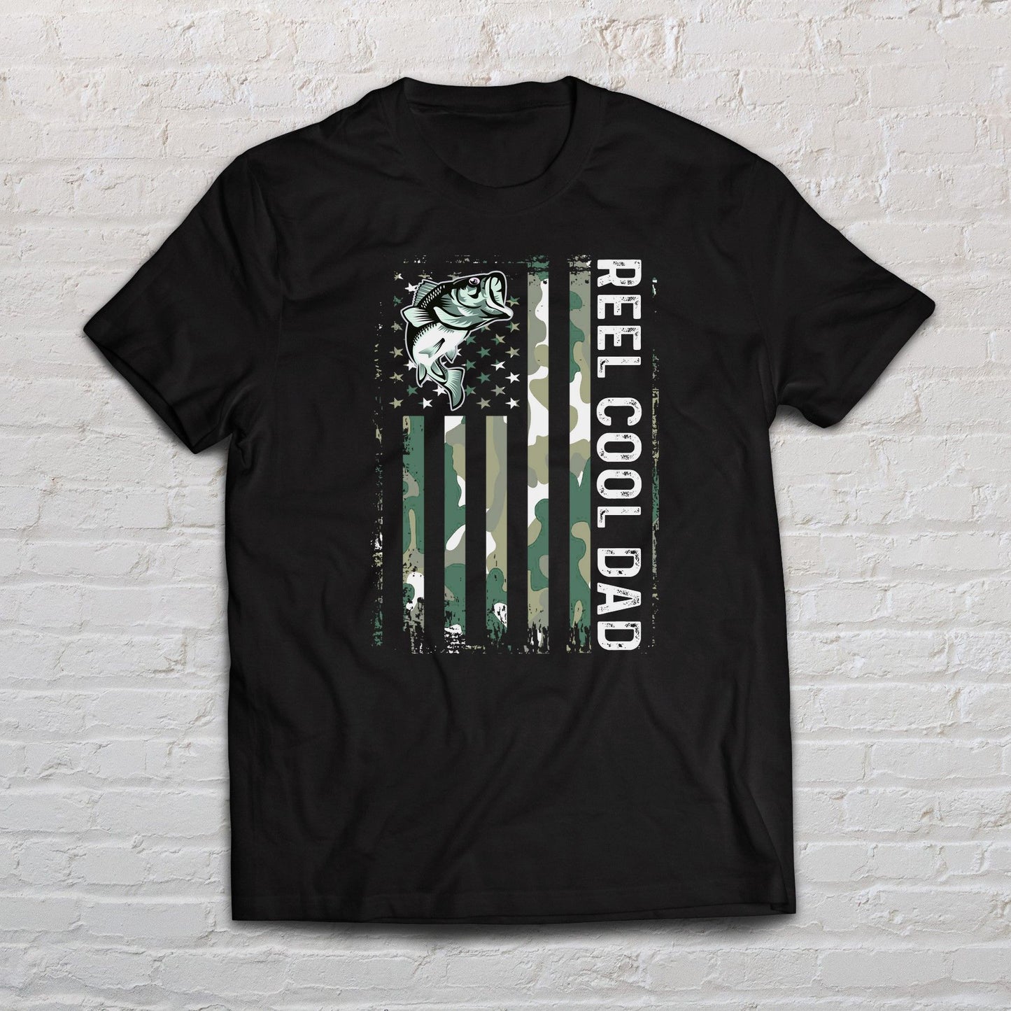 Reel Cool Dad shirt Camouflage US flag tee Black Navy Dark Heather-Black-Family-Gift-Planet