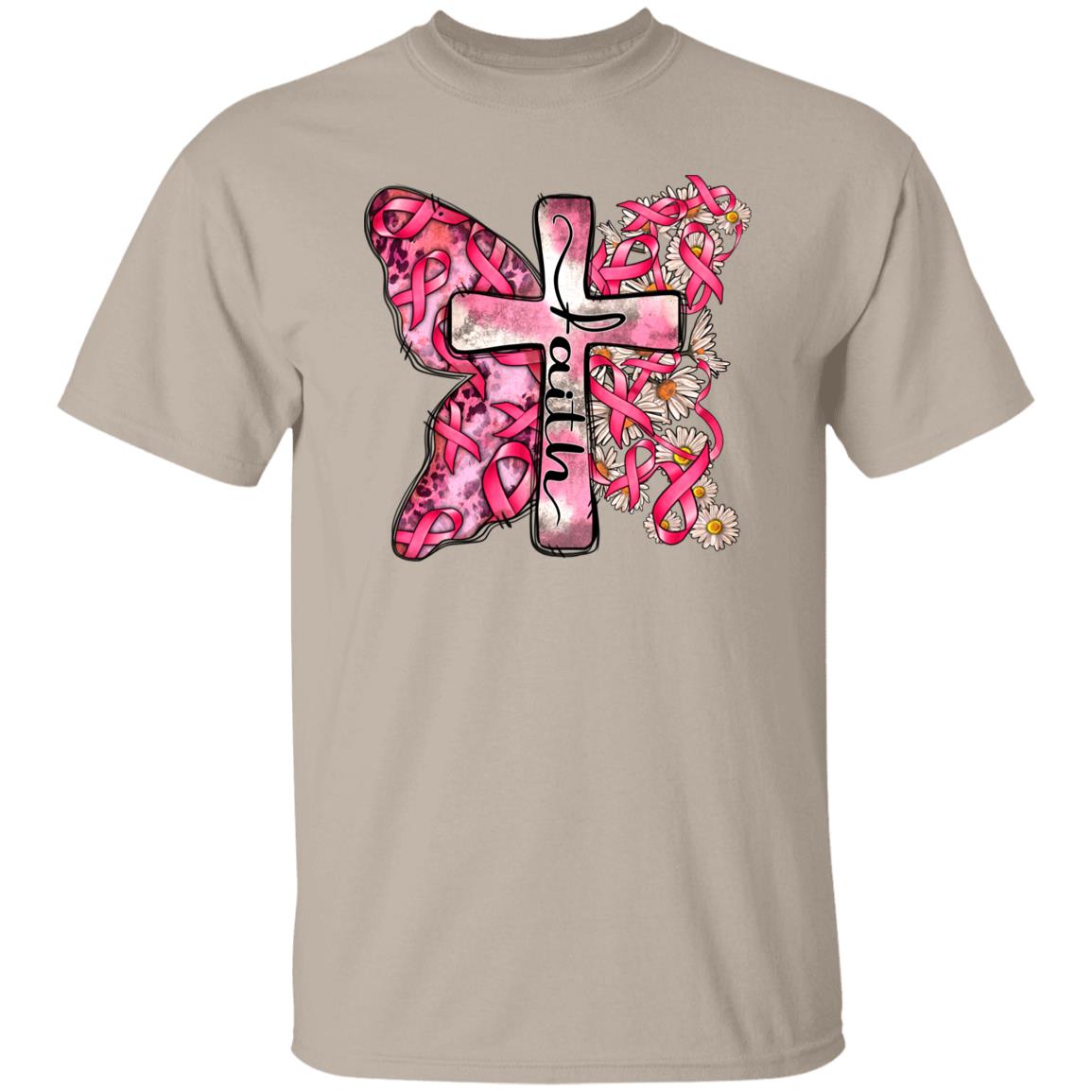 Faith cancer cross T-Shirt gift Breast cancer awareness pink ribbon Tee Sand White Sport Grey-Family-Gift-Planet
