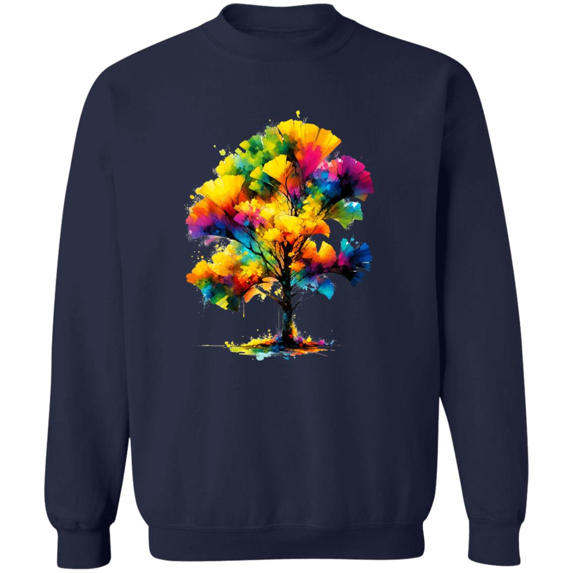 Abstract Ginkgo Tree Color Splash Unisex Sweatshirt Black Navy Dark Heather-Navy-Family-Gift-Planet