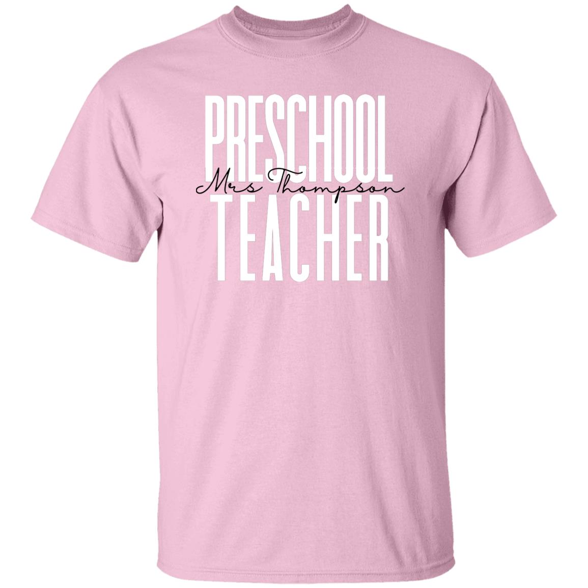 Personalized preschool teacher T-shirt gift Custom name kindergarten teacher Unisex Tee Sand Pink Light Blue-Family-Gift-Planet